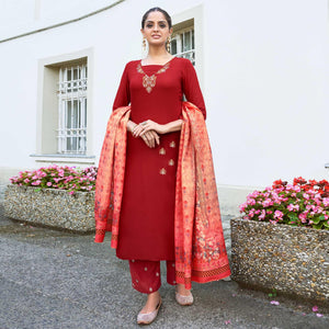 Red Embroidered Rayon Kurti Pant Set With Dupatta - Peachmode