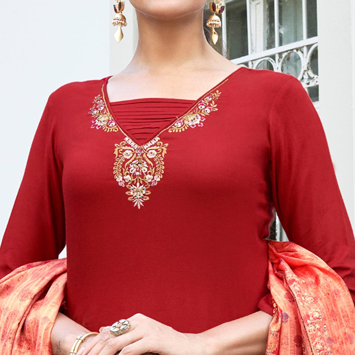 Red Embroidered Rayon Kurti Pant Set With Dupatta - Peachmode
