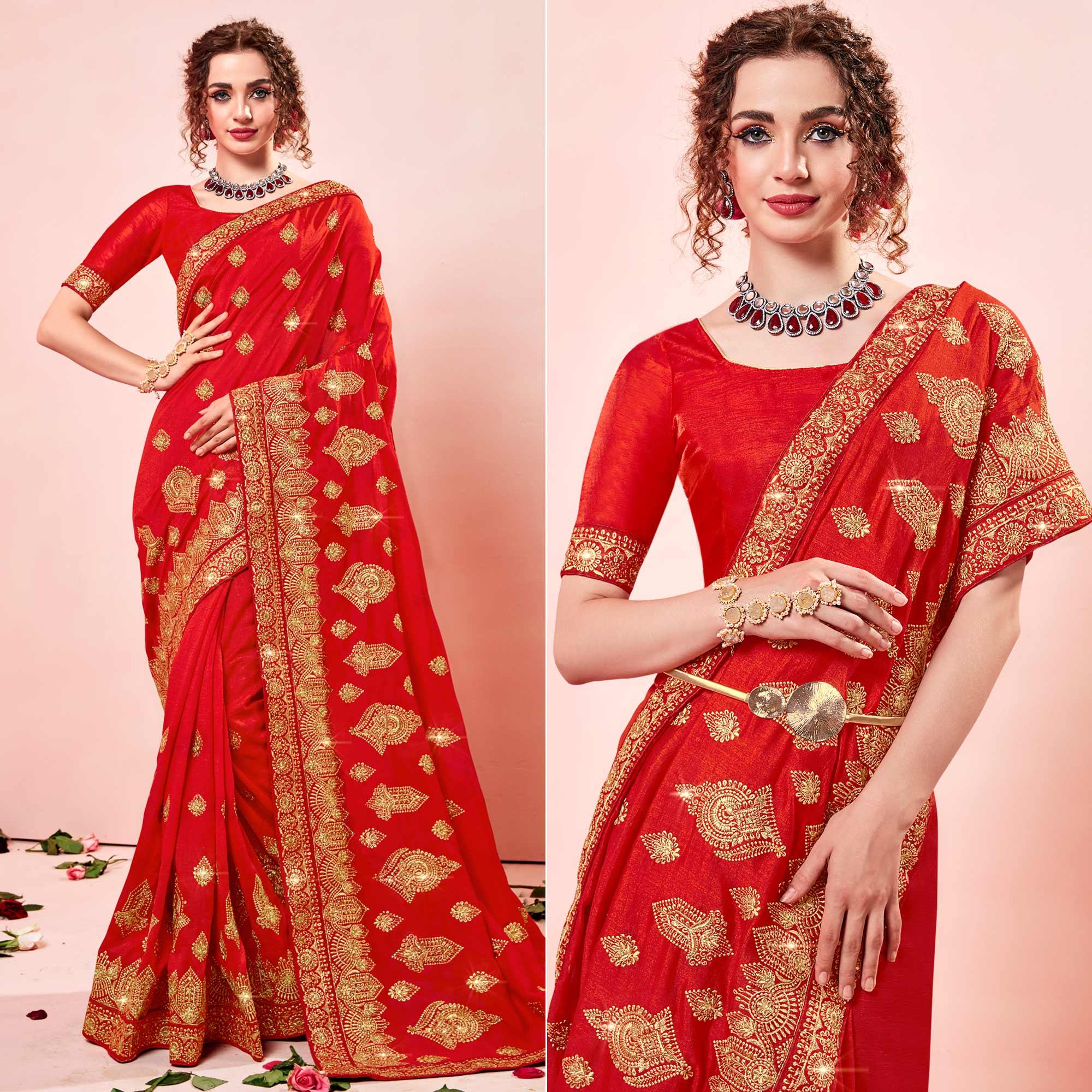 Red Embroidered Vichitra Silk Saree - Peachmode