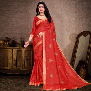 Red Embroidered Vichitra Silk Saree - Peachmode