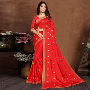 Red Embroidered Vichitra Silk Saree - Peachmode