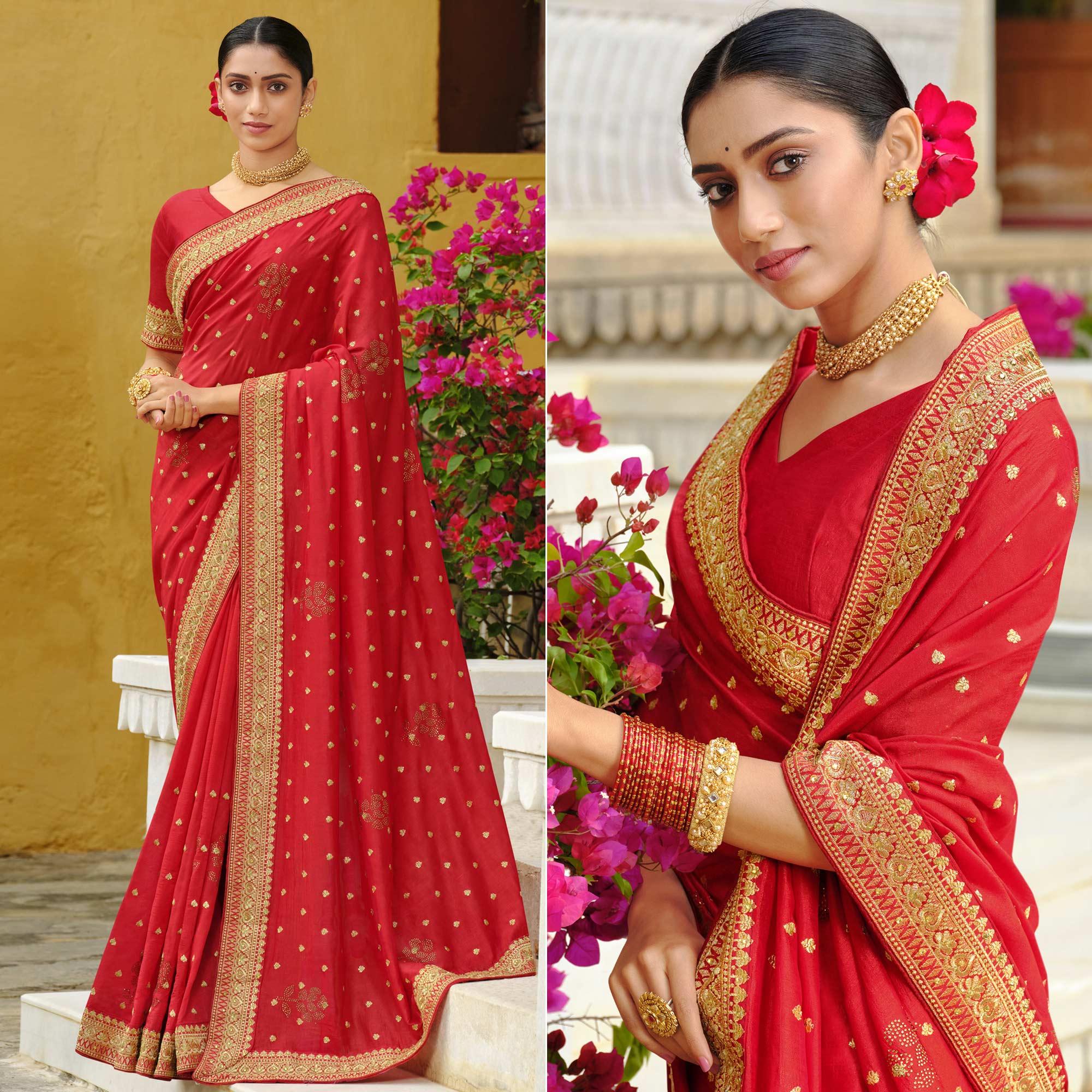 Red Embroidered Vichitra Silk Saree - Peachmode