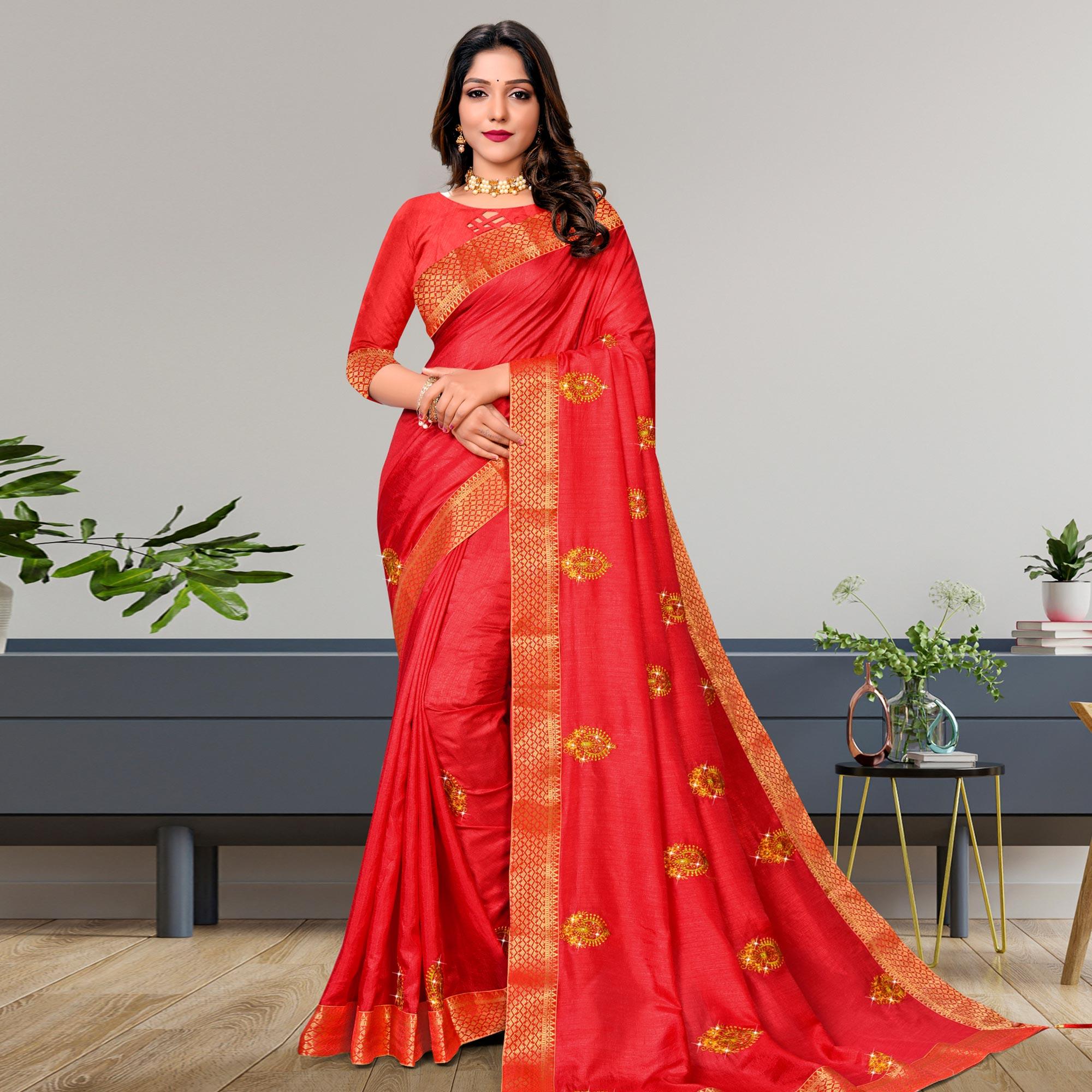 Red Embroidered Vichitra Silk Saree - Peachmode