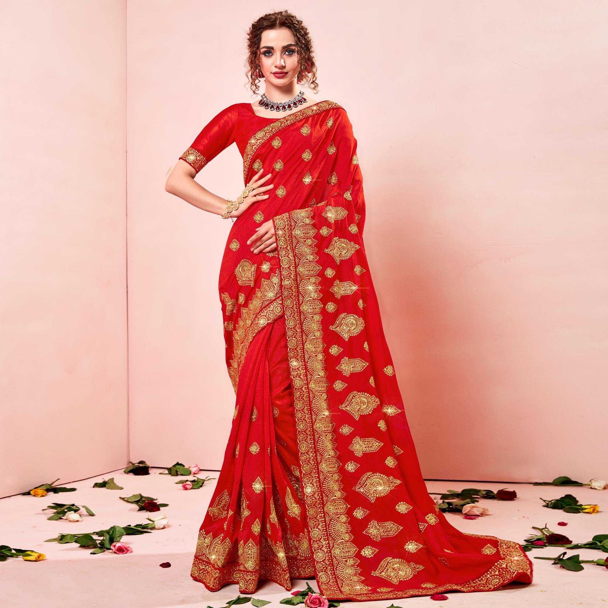 Red Embroidered Vichitra Silk Saree - Peachmode