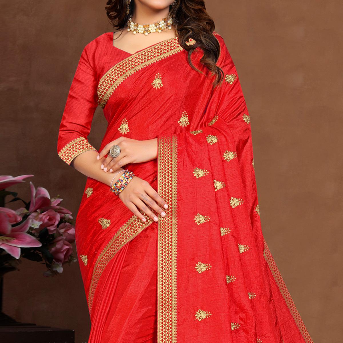 Red Embroidered Vichitra Silk Saree - Peachmode