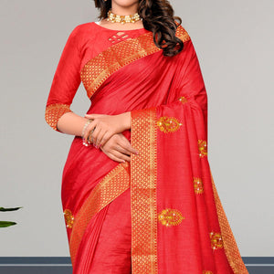 Red Embroidered Vichitra Silk Saree - Peachmode