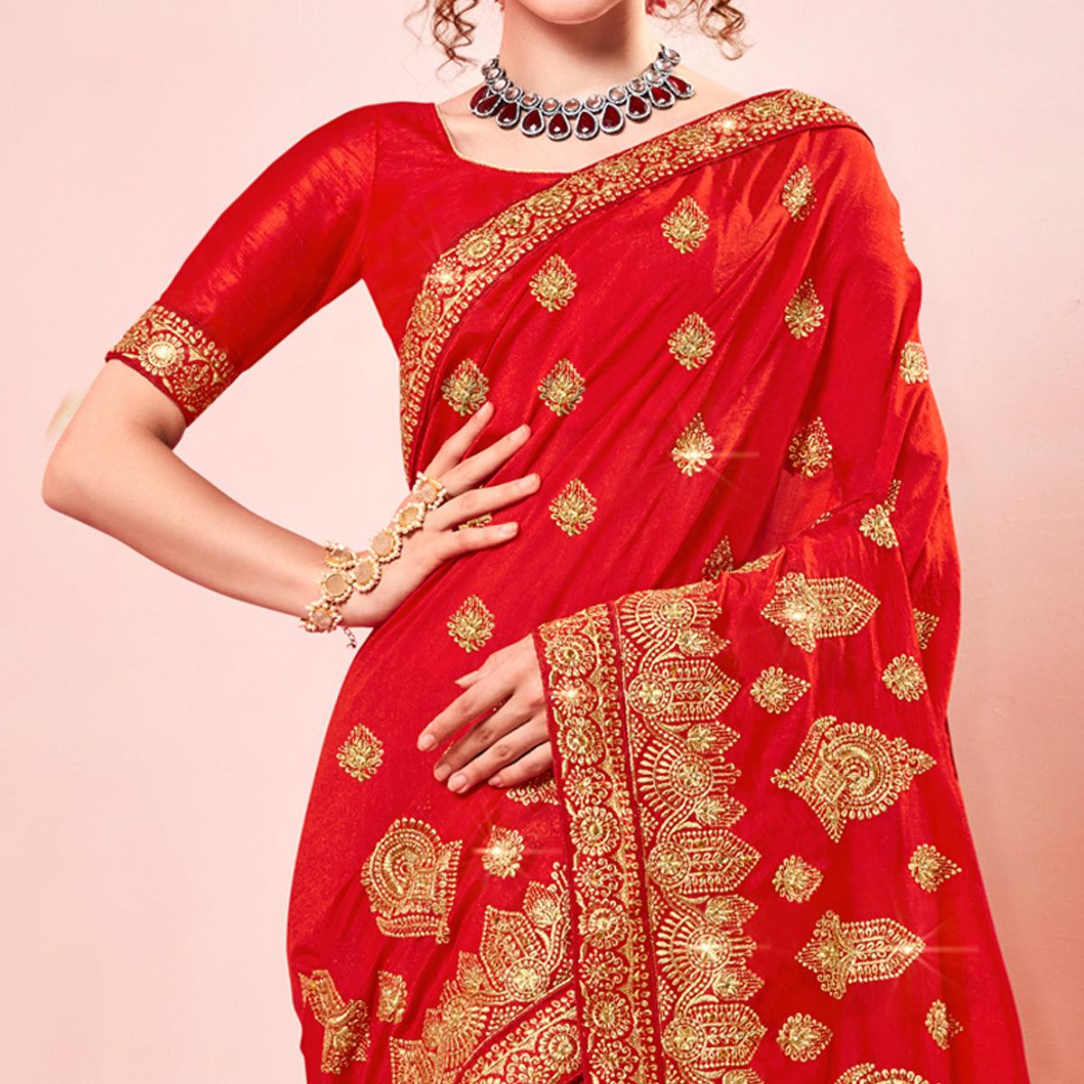 Red Embroidered Vichitra Silk Saree - Peachmode