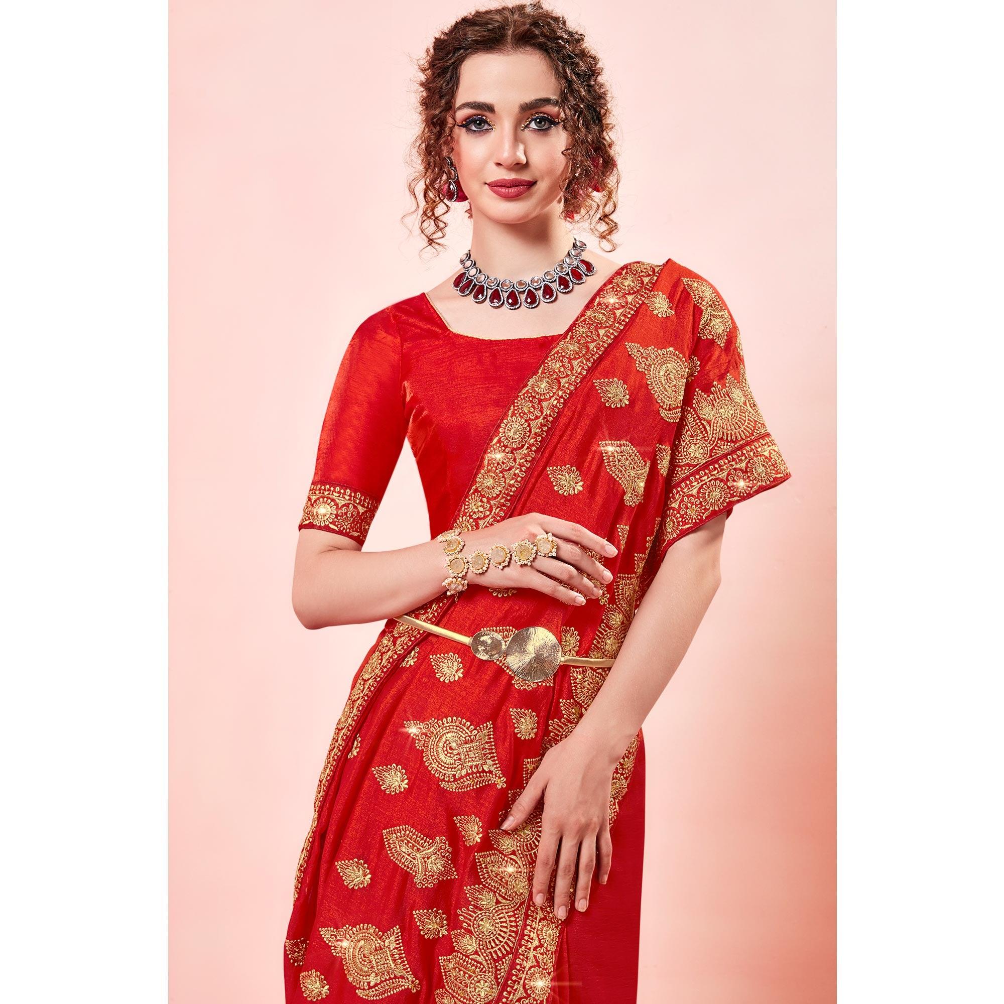 Red Embroidered Vichitra Silk Saree - Peachmode