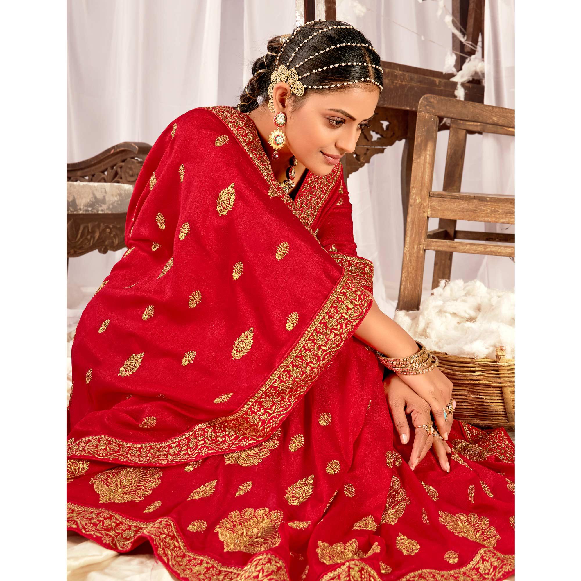 Red Embroidered Vichitra Silk Saree - Peachmode