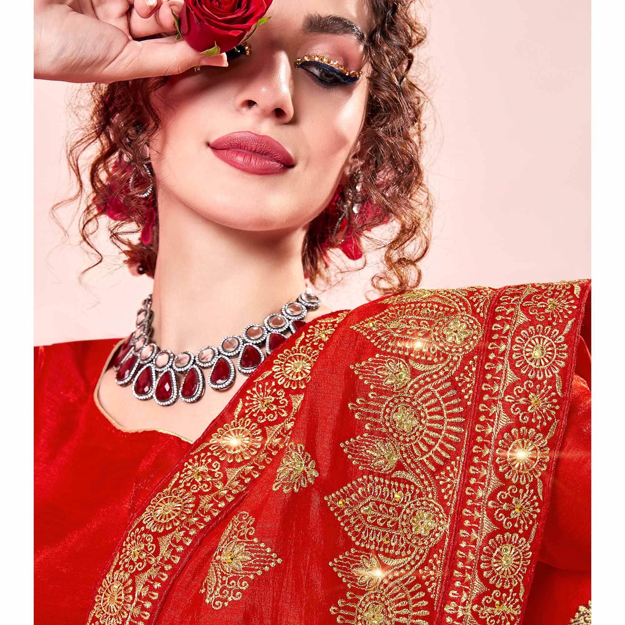 Red Embroidered Vichitra Silk Saree - Peachmode
