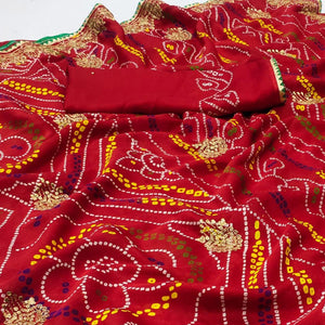 Red Embroidered With Bandhani Printed Georgette Saree - Peachmode