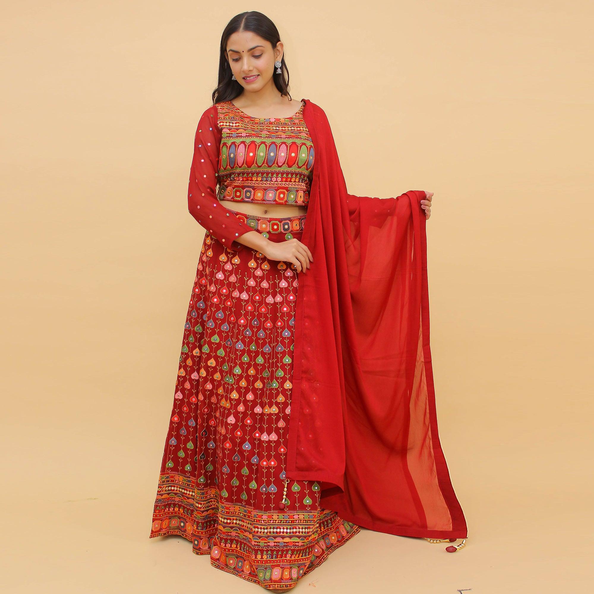 Red Embroidered With Embellished Georgette Lehenga Choli - Peachmode
