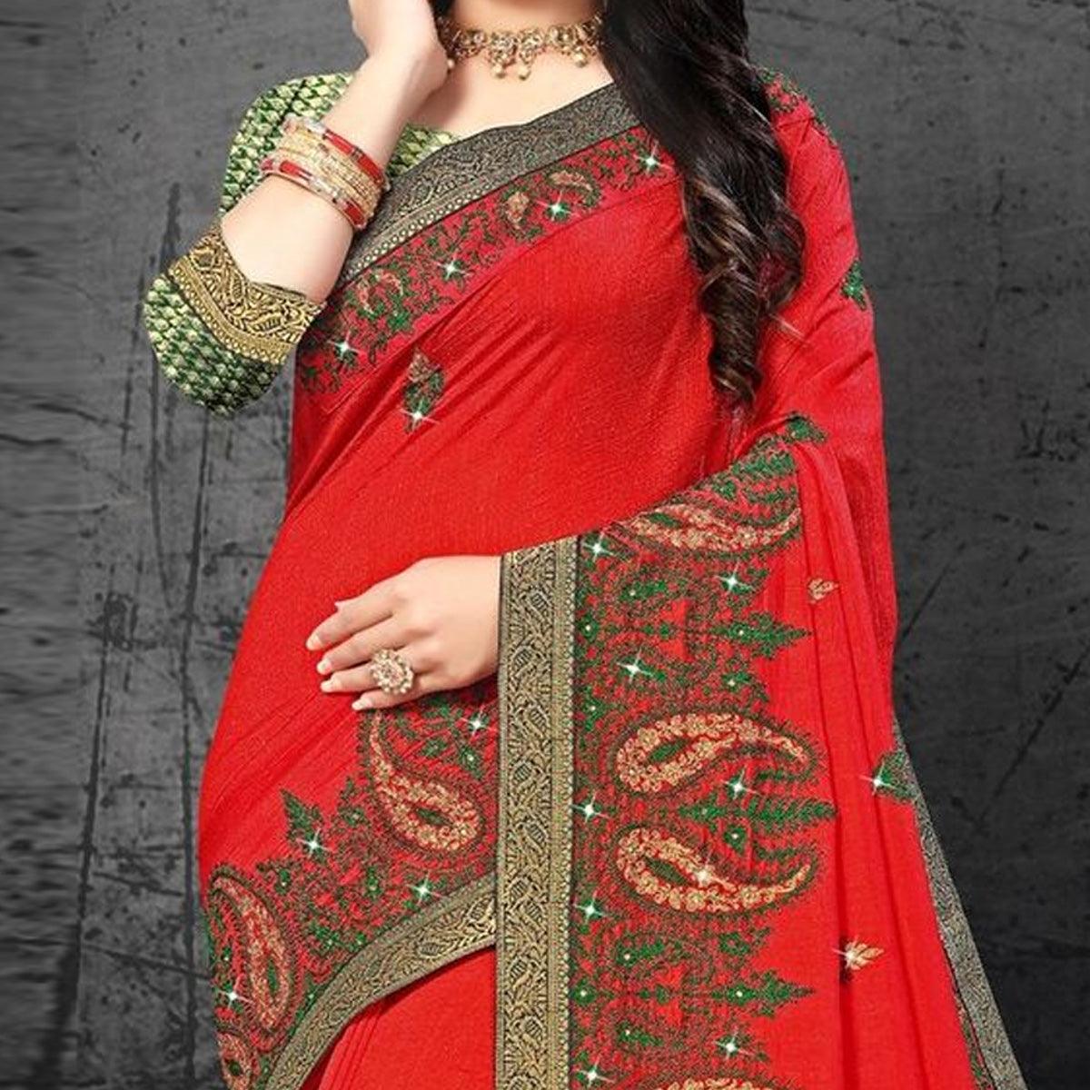 Red Embroidered With Embellished Vichitra Silk Saree - Peachmode