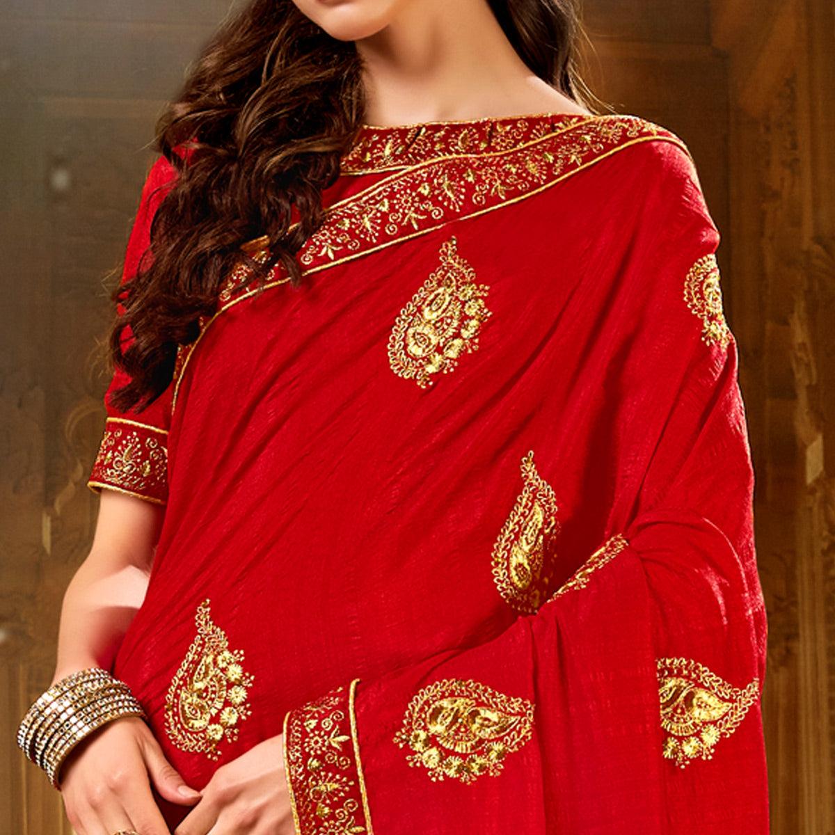 Red Embroidered With Embellished Vichitra Silk Saree - Peachmode