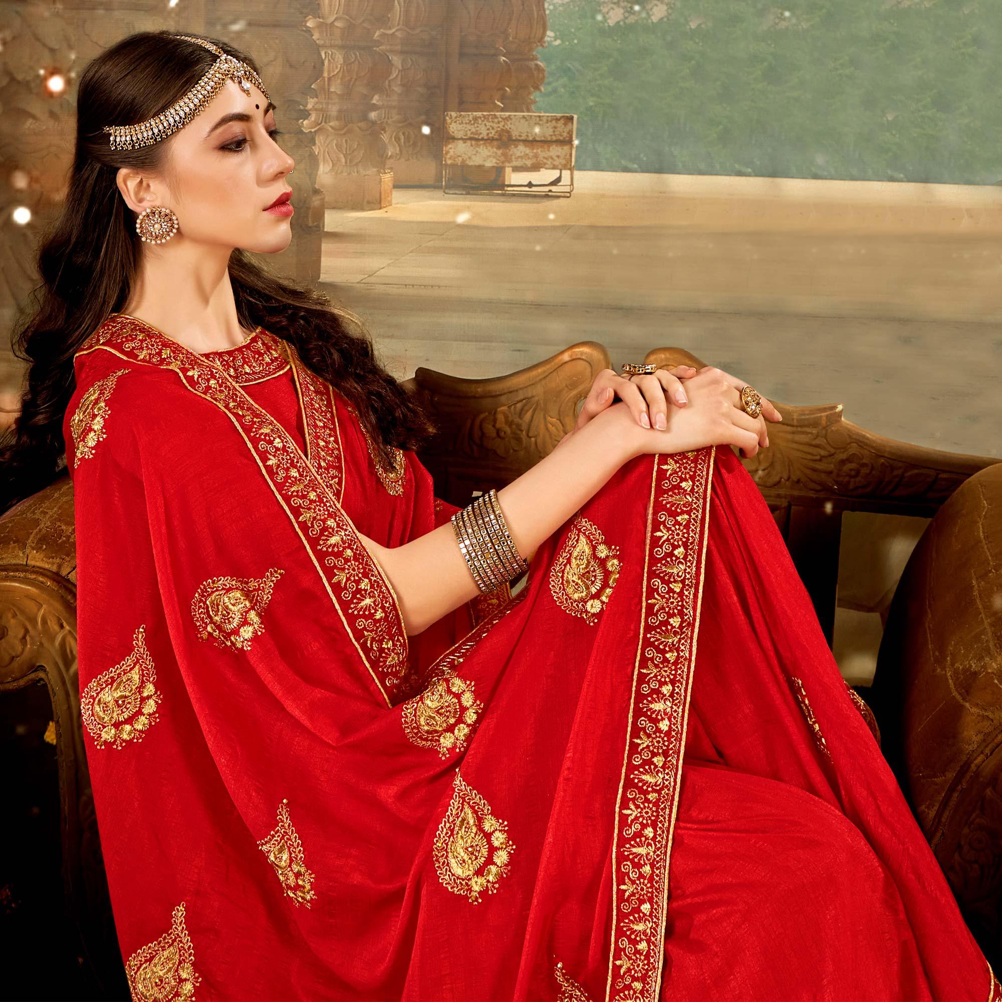 Red Embroidered With Embellished Vichitra Silk Saree - Peachmode