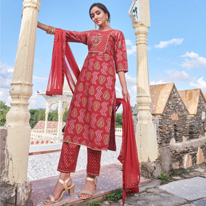 Red Embroidered With Print Rayon Silk Partywear Suit - Peachmode