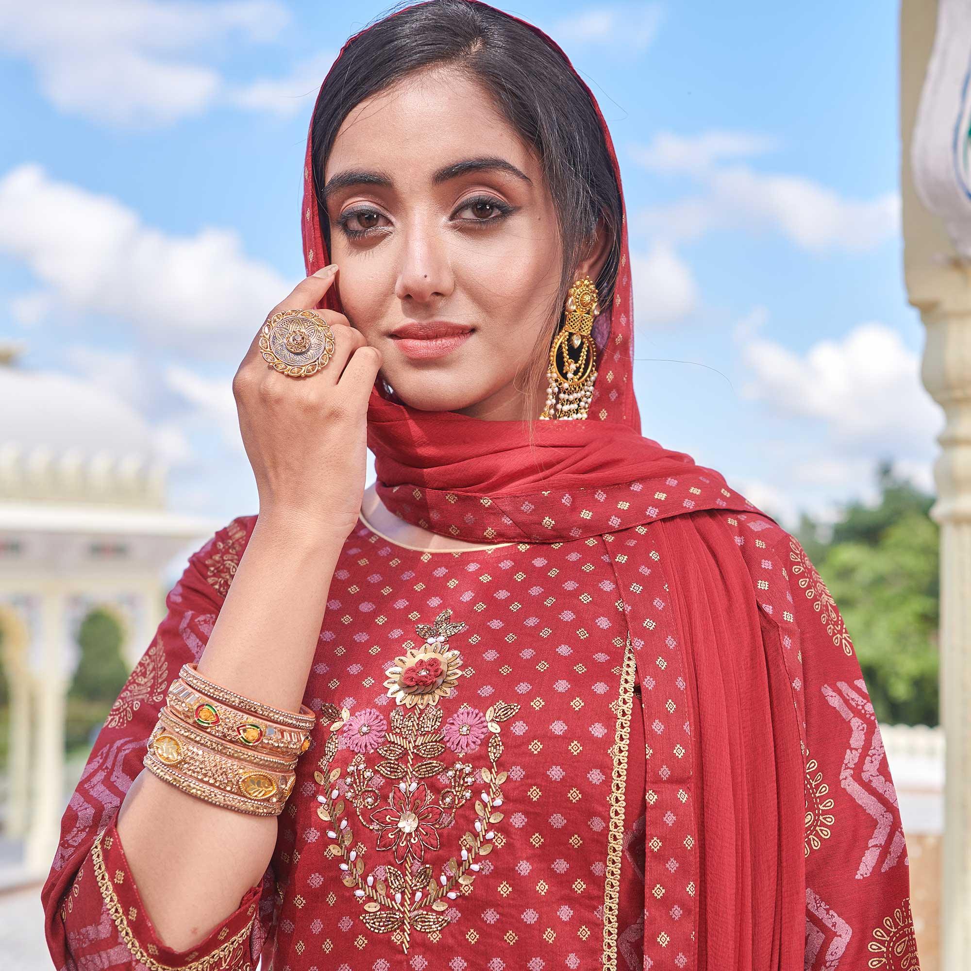 Red Embroidered With Print Rayon Silk Partywear Suit - Peachmode