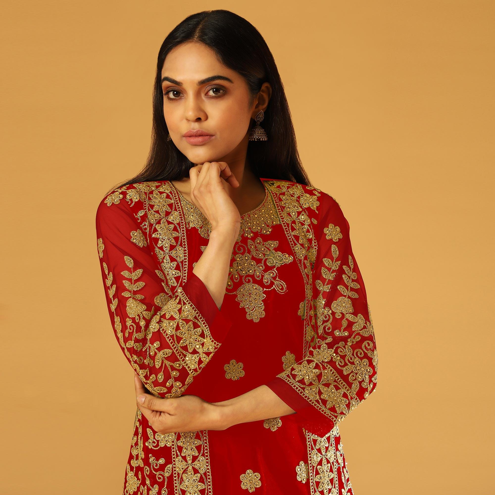 Red Embroidery & Cording Work Net Partywear Suit With Koti - Peachmode