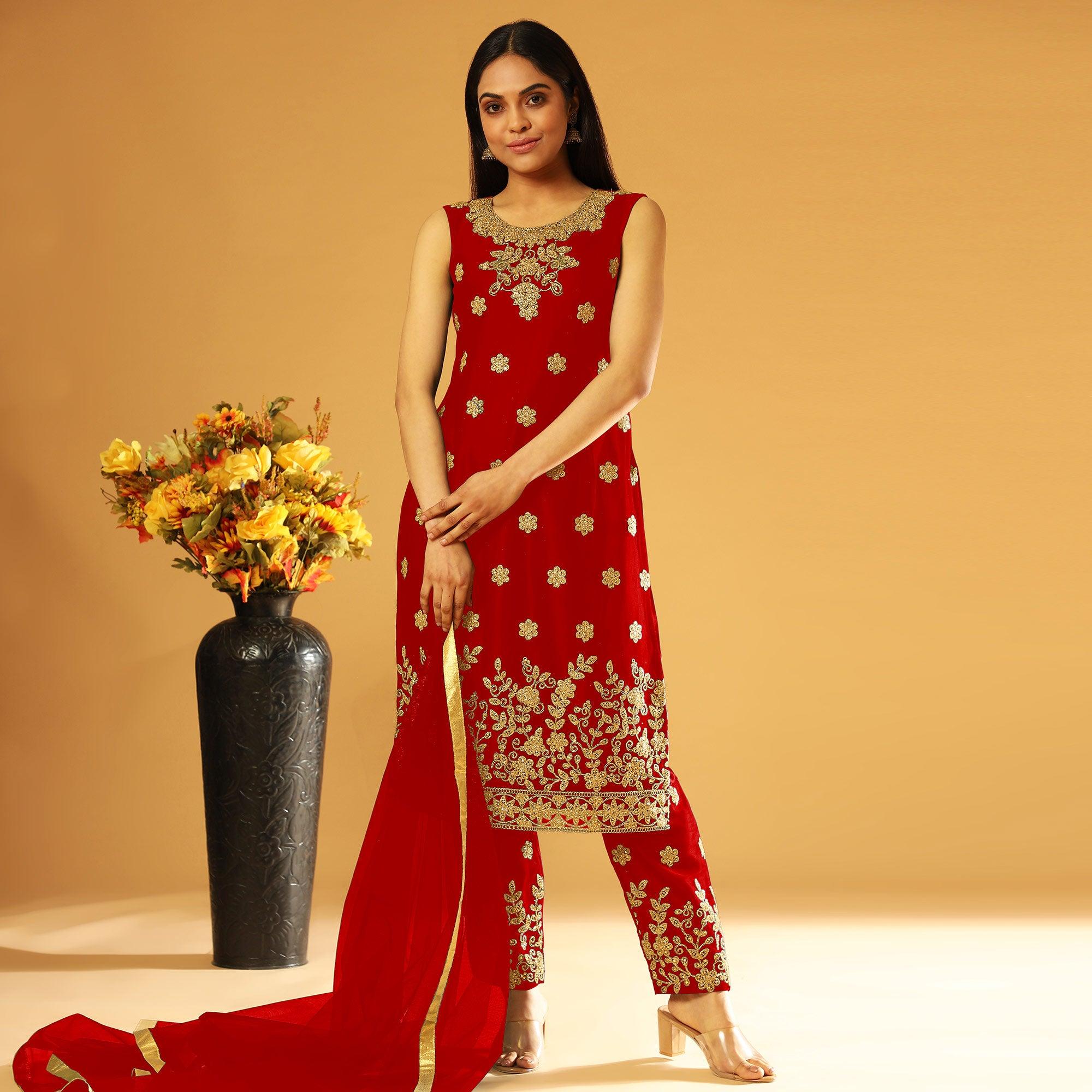 Red Embroidery & Cording Work Net Partywear Suit With Koti - Peachmode