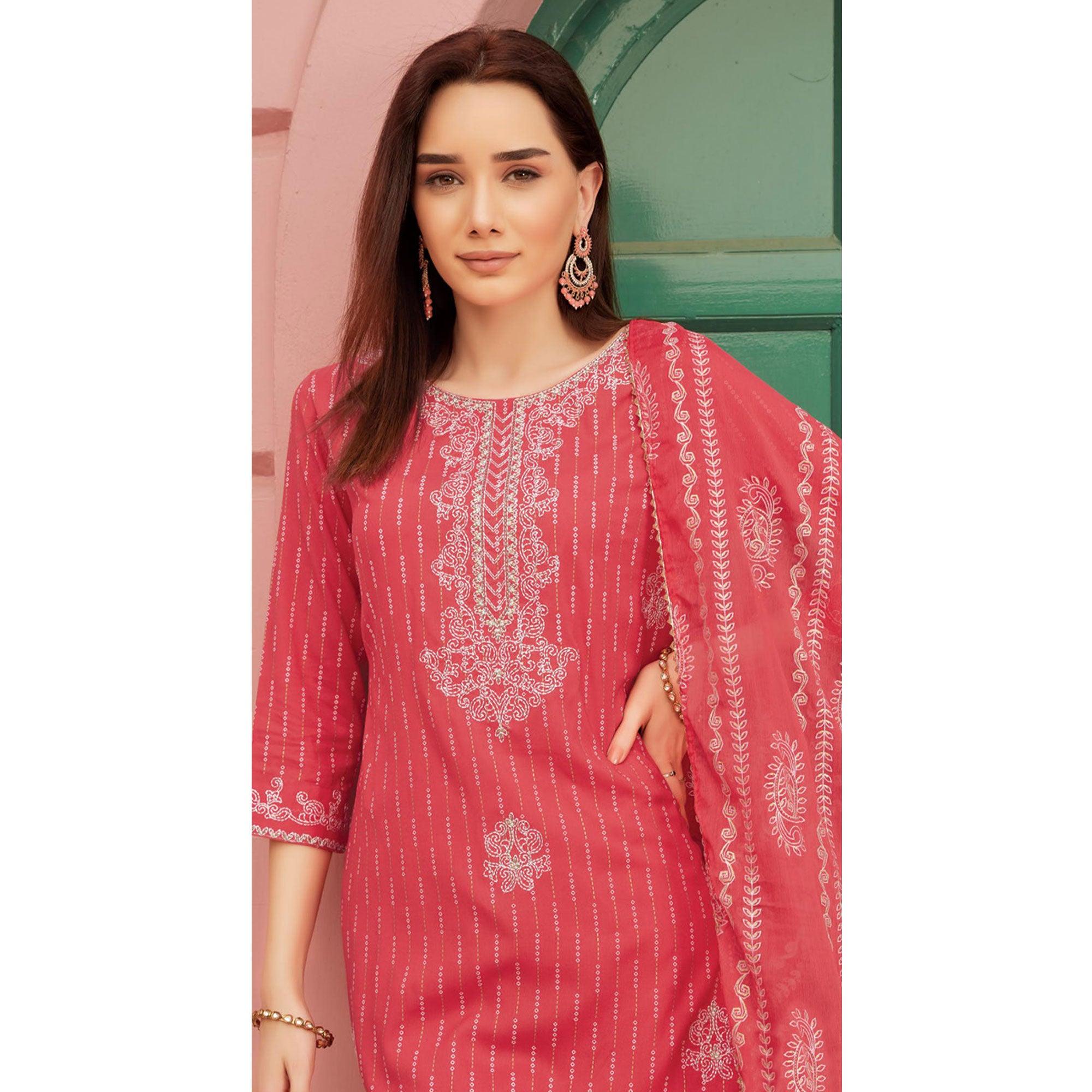 Red Embroidery With Printed Pure Cotton Kurti Pant Set With Dupatta - Peachmode