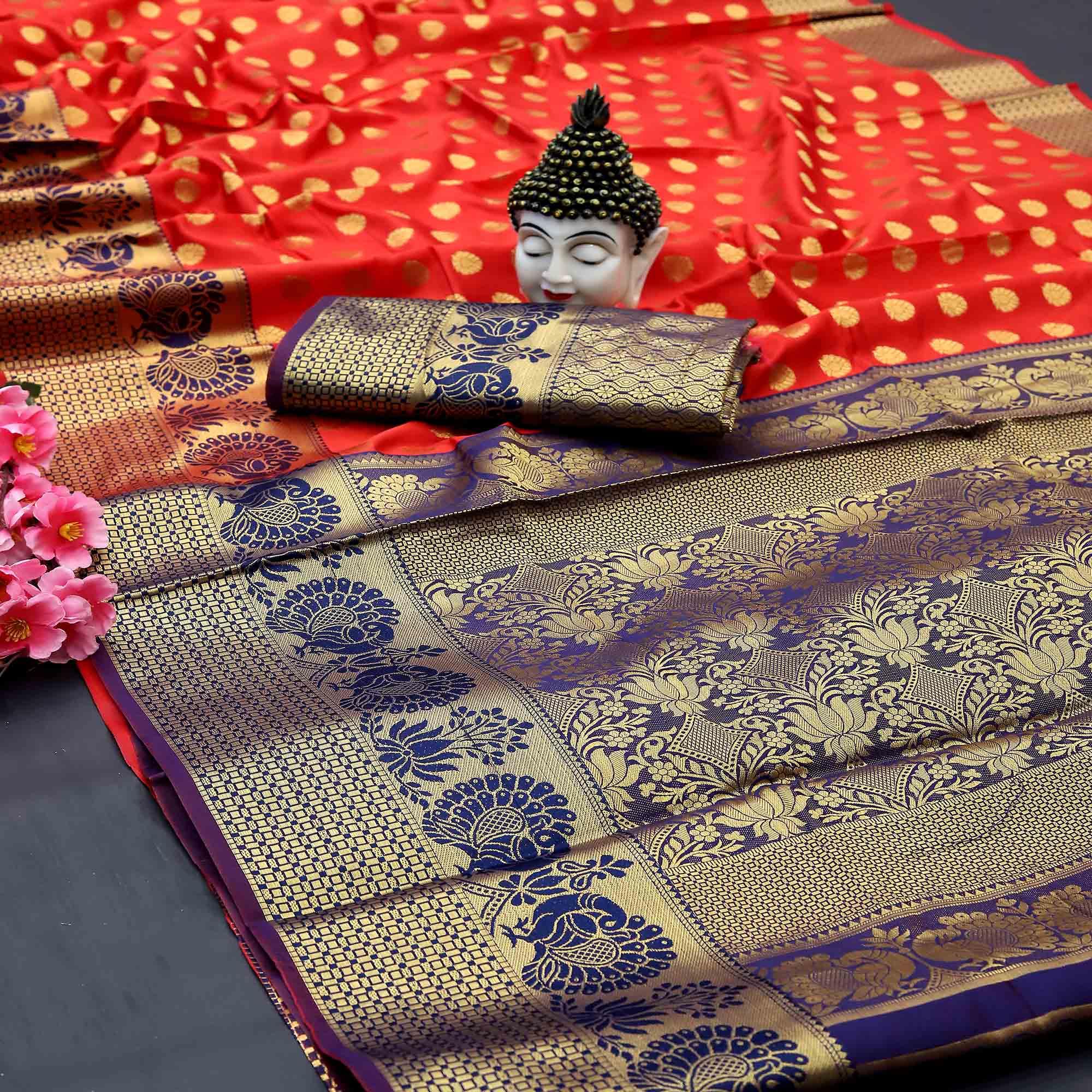 Red Festive Embroidered Kota Banarasi Art Silk Saree - Peachmode