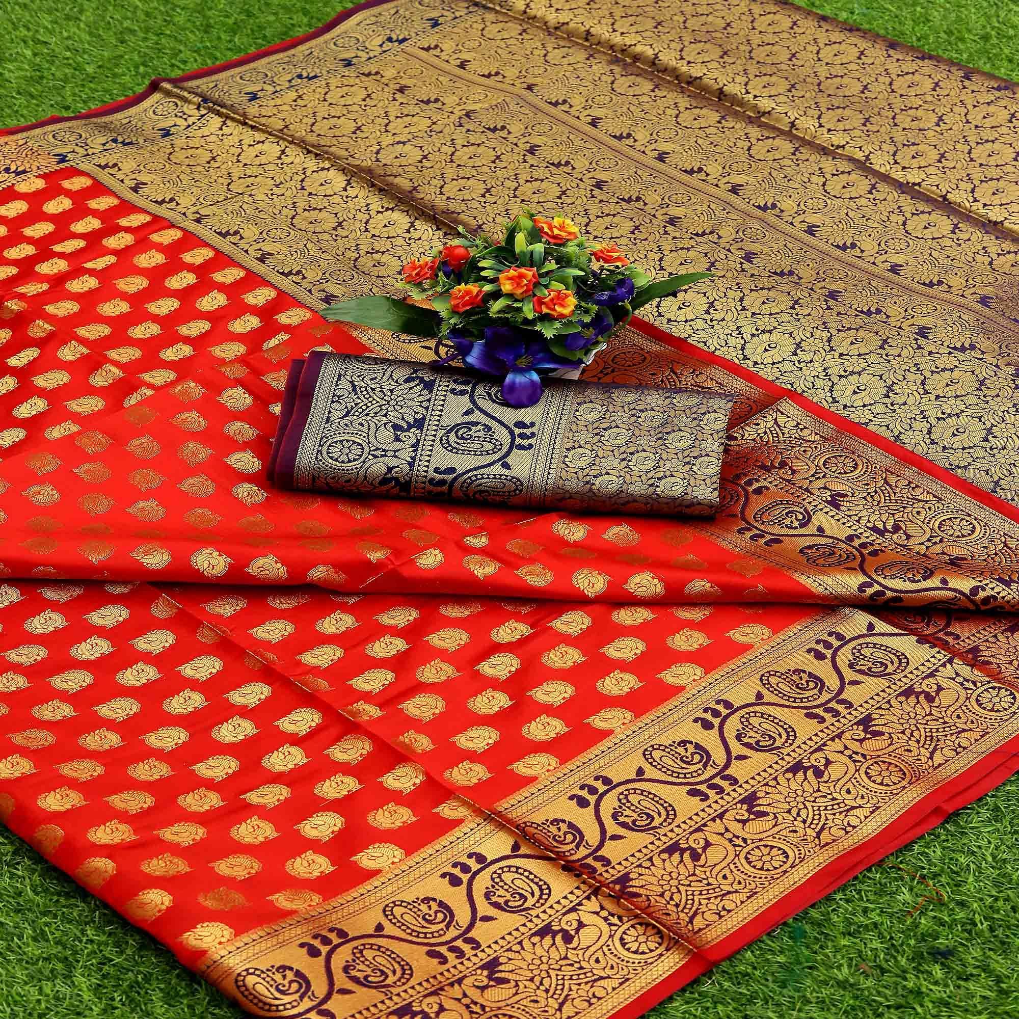 Red Festive Embroidered Kota Banarasi Art Silk Saree - Peachmode