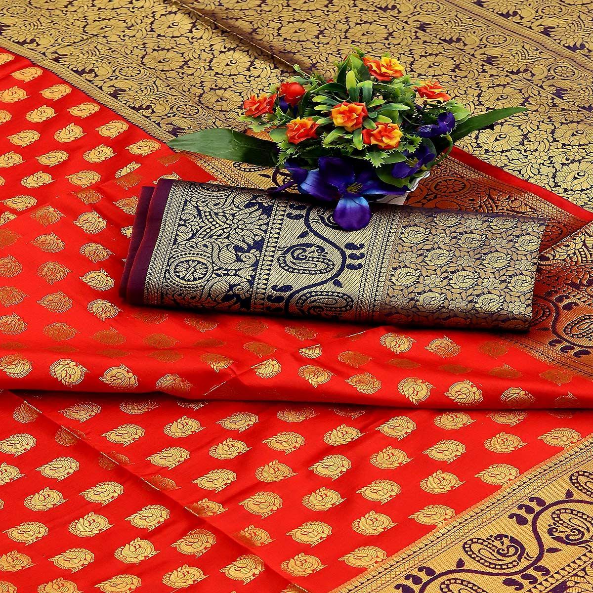 Red Festive Embroidered Kota Banarasi Art Silk Saree - Peachmode