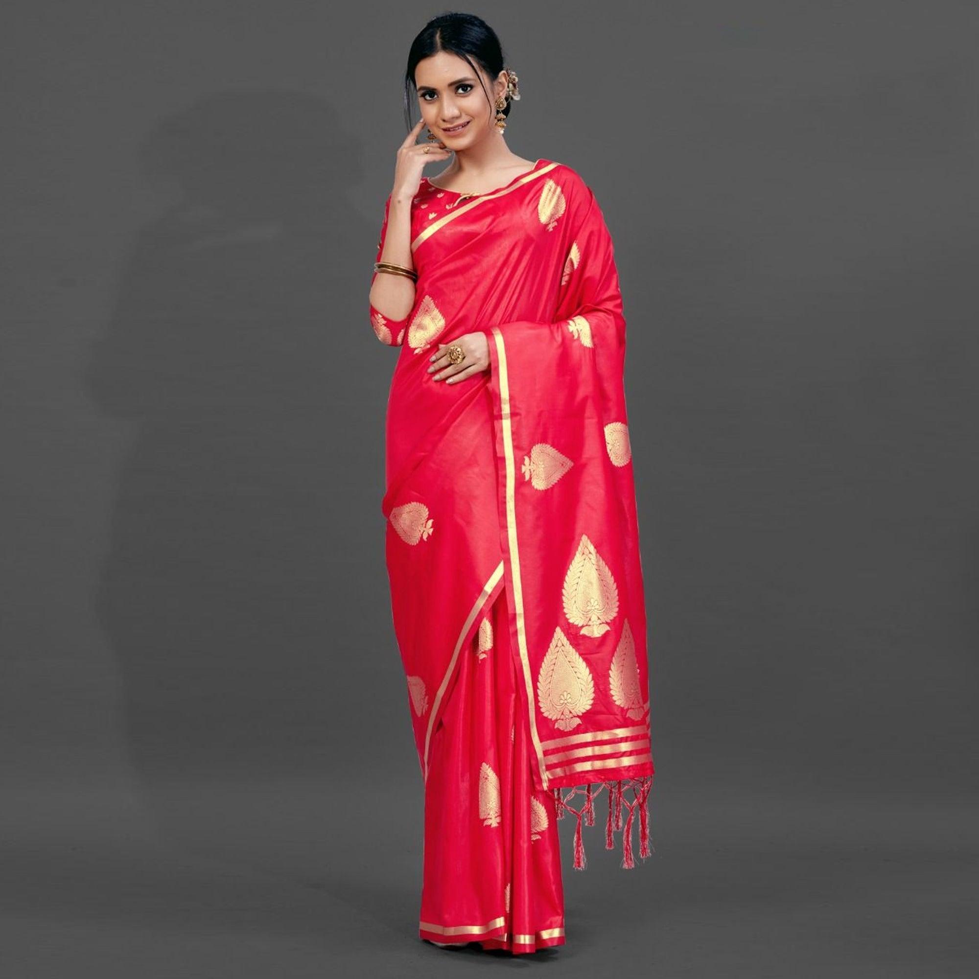 Red Festive Silk Blend Woven Saree With Unstitched Blouse - Peachmode
