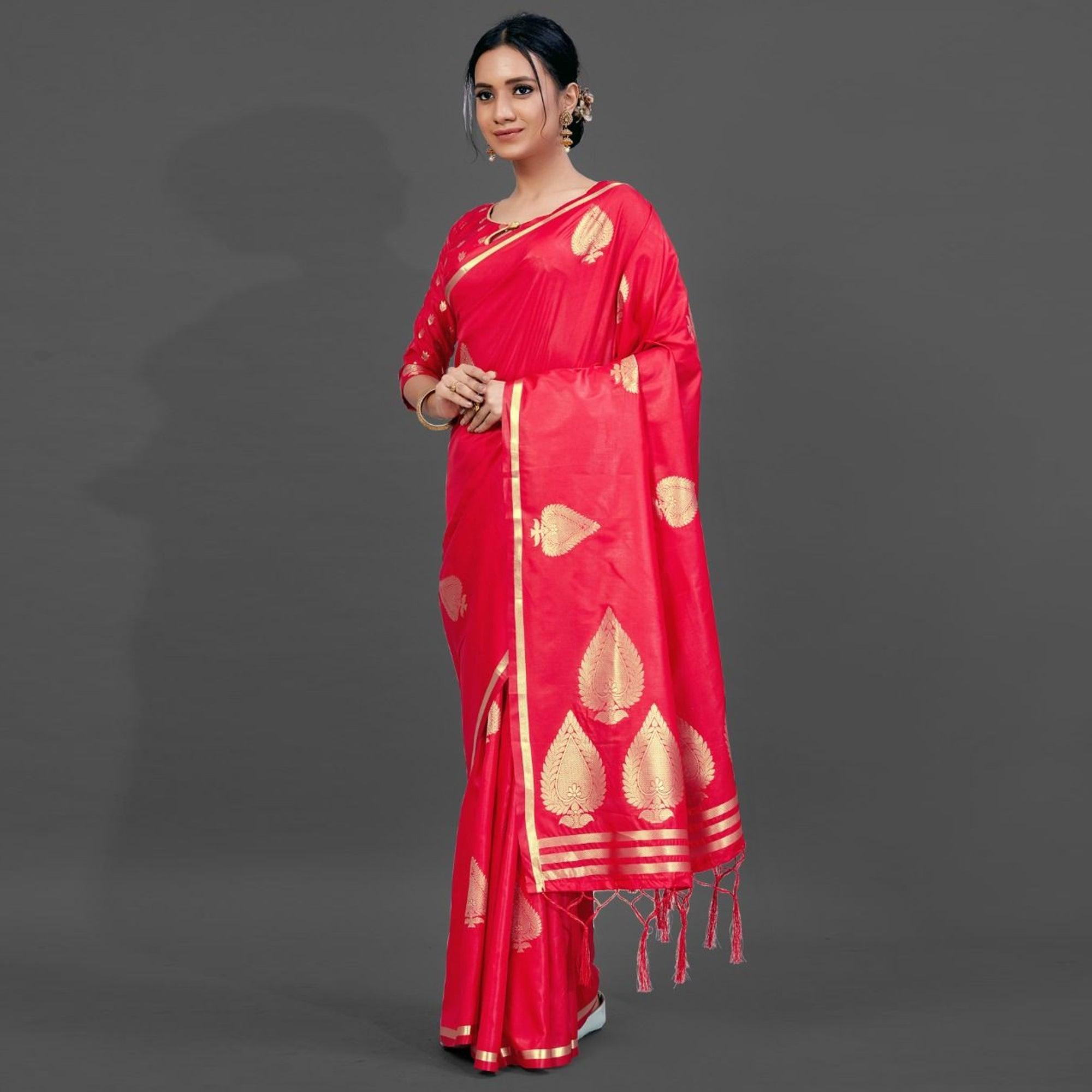 Red Festive Silk Blend Woven Saree With Unstitched Blouse - Peachmode
