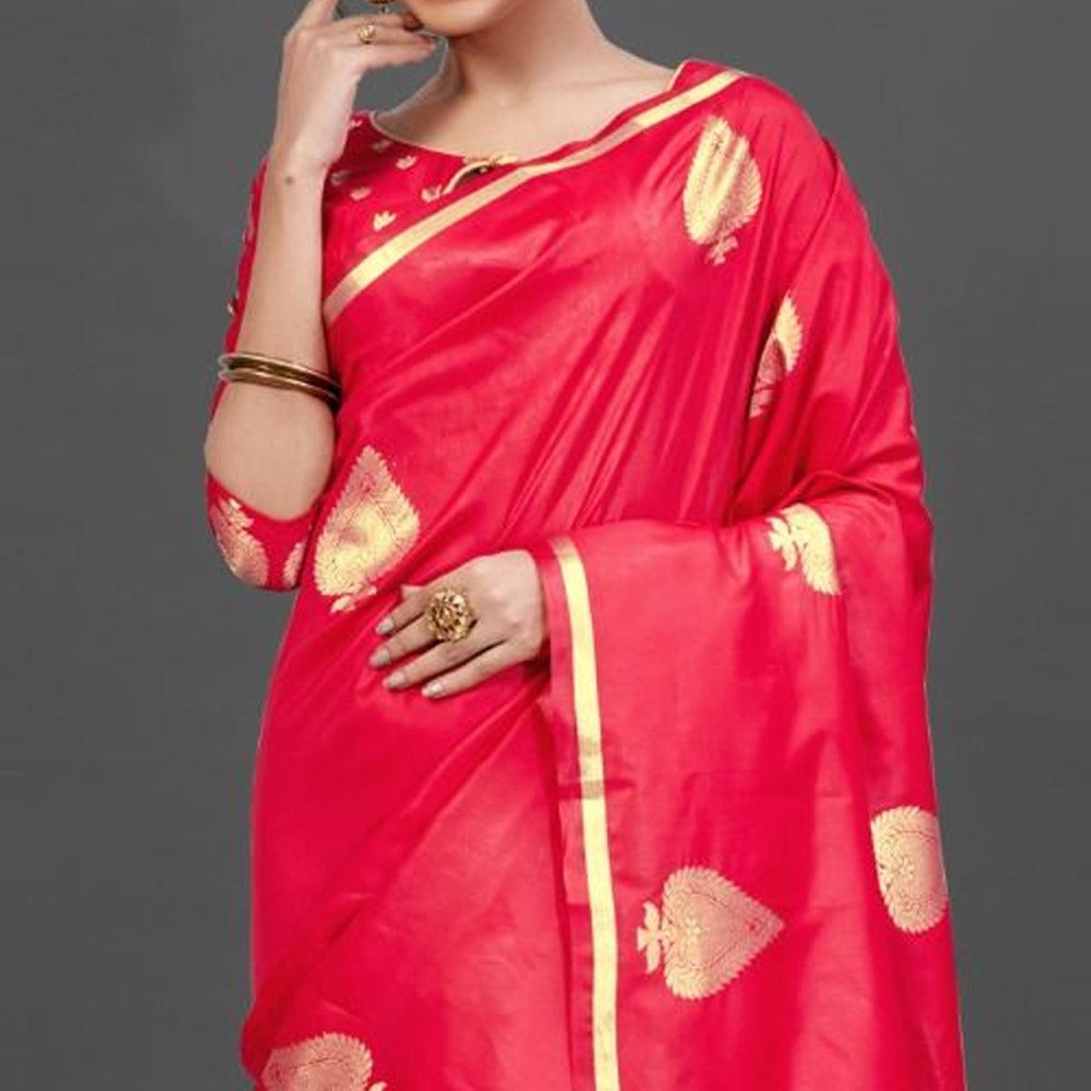 Red Festive Silk Blend Woven Saree With Unstitched Blouse - Peachmode