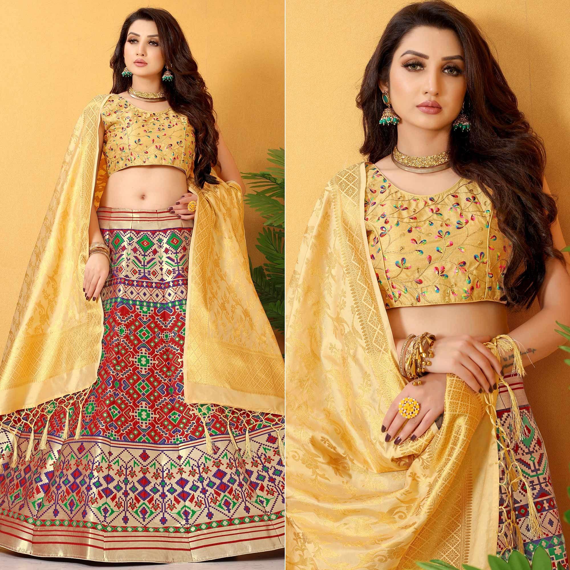 Red Festive Wear Banarasi Meenakari Jacquard Lehenga Choli - Peachmode