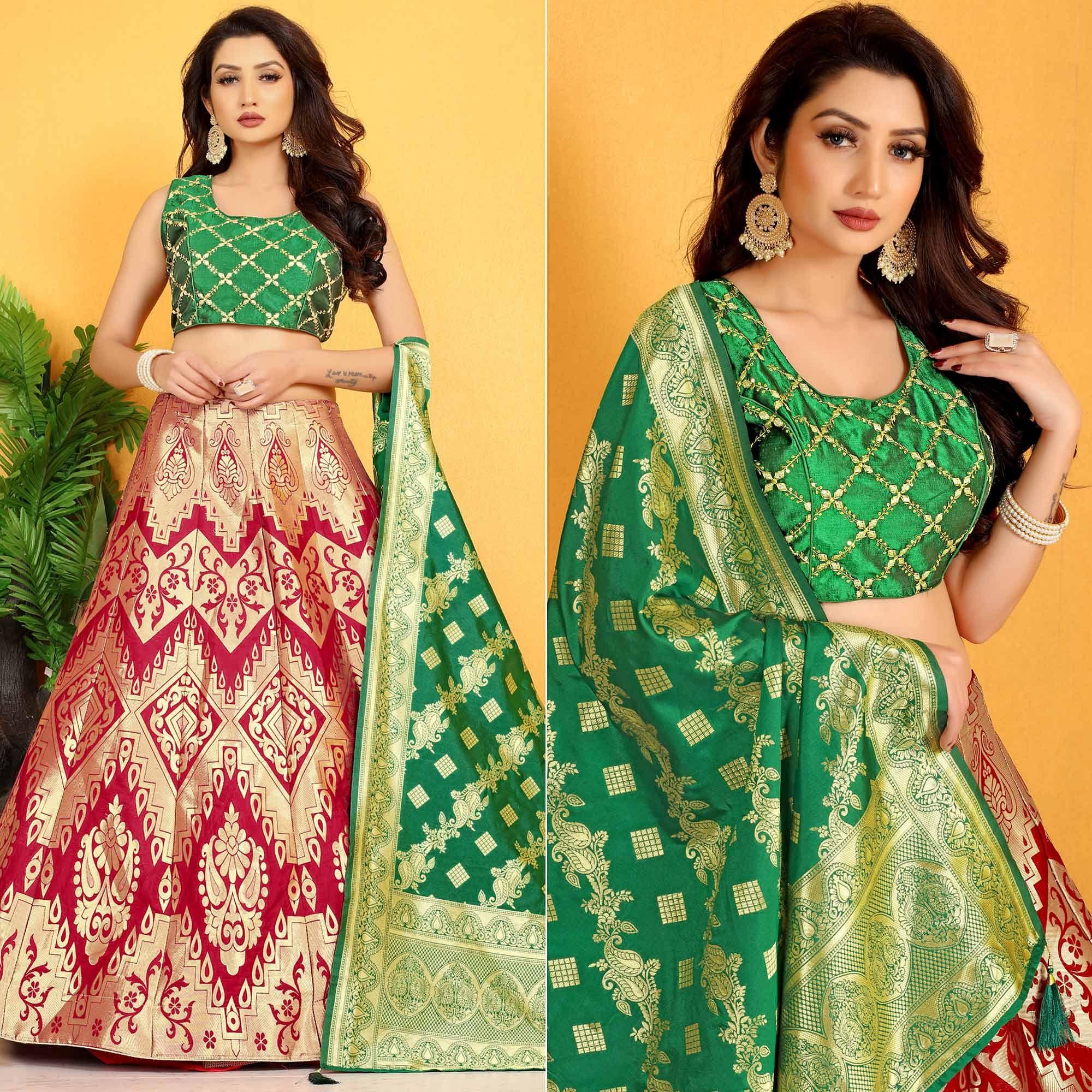 Red Festive Wear Banarasi Meenakari Jacquard Lehenga Choli - Peachmode