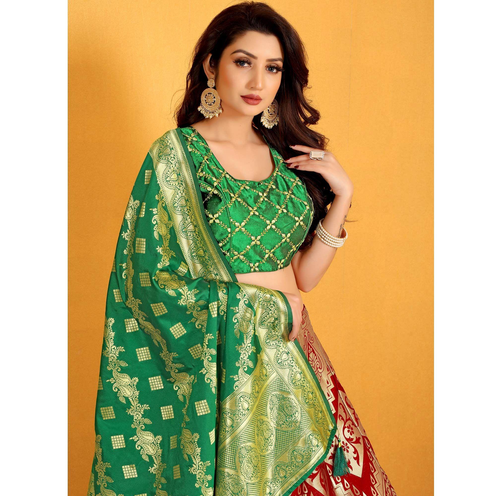 Red Festive Wear Banarasi Meenakari Jacquard Lehenga Choli - Peachmode