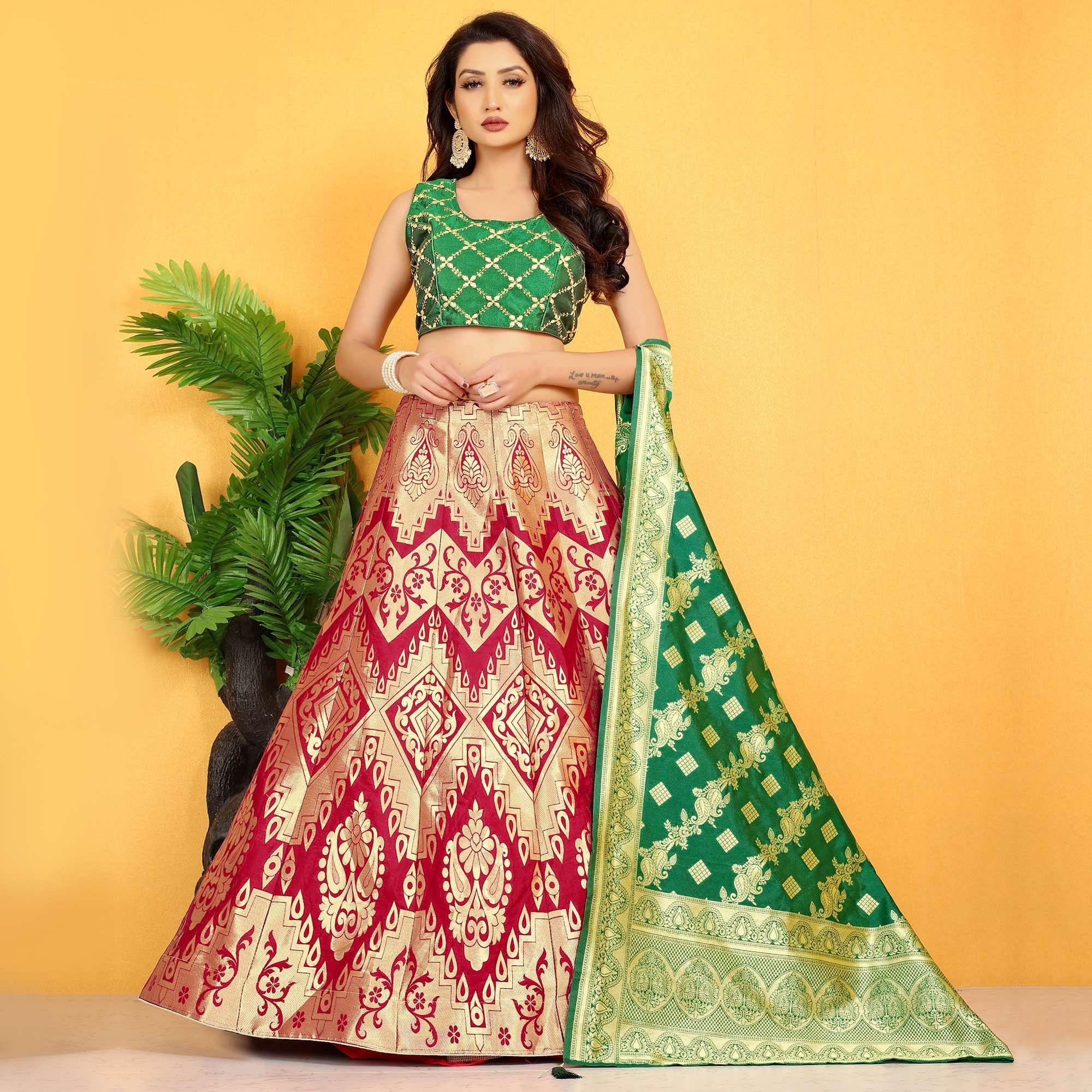 Red Festive Wear Banarasi Meenakari Jacquard Lehenga Choli - Peachmode