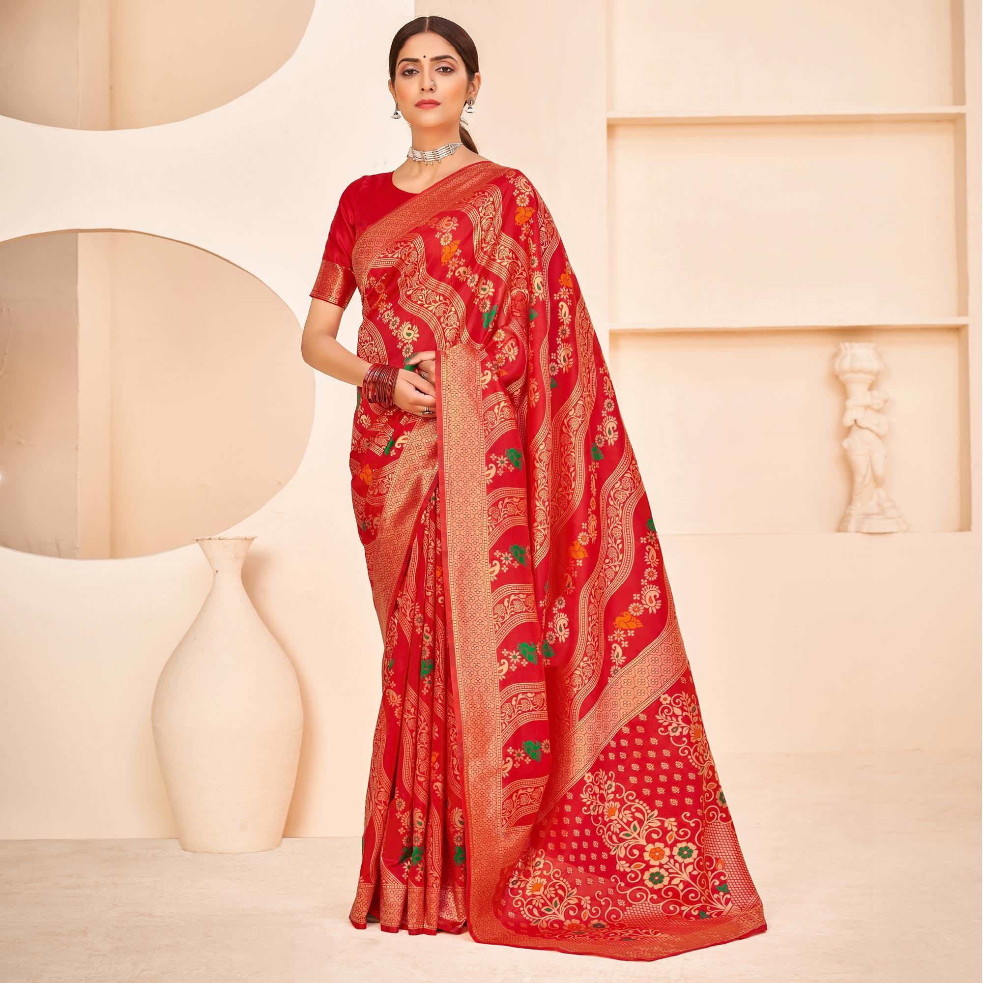 Red Festive Wear Banarasi with Patola Woven Banarasi Silk saree - Peachmode
