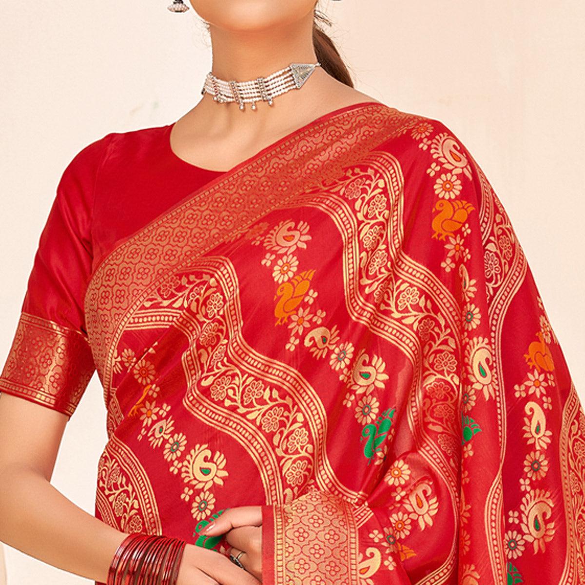 Red Festive Wear Banarasi with Patola Woven Banarasi Silk saree - Peachmode