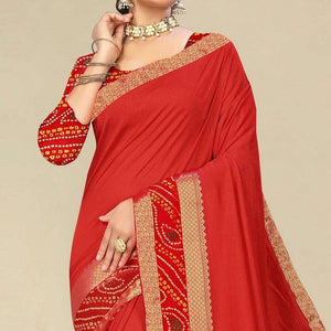 Red Festive Wear Bandhani Printed Border Silk Designer Saree - Peachmode