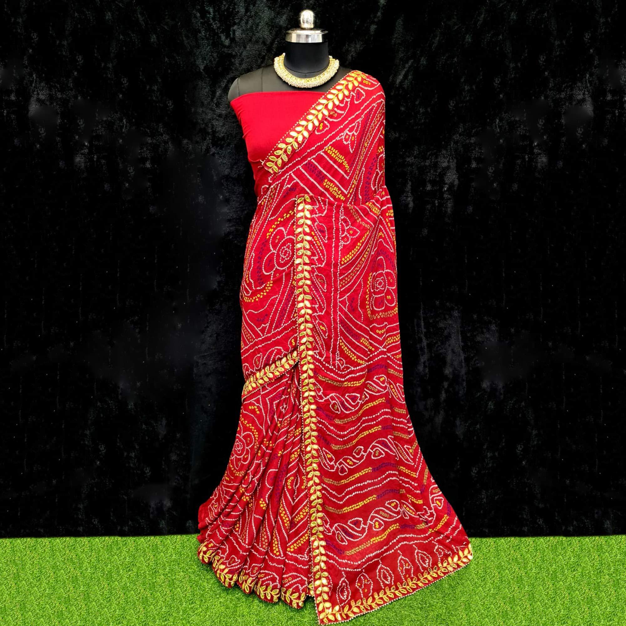 Red Festive Wear Bandhani Printed Georgette Saree - Peachmode