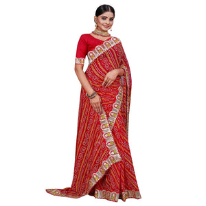Red Festive Wear Bandhani Printed Georgette Saree With Gotta Patti Lace - Peachmode