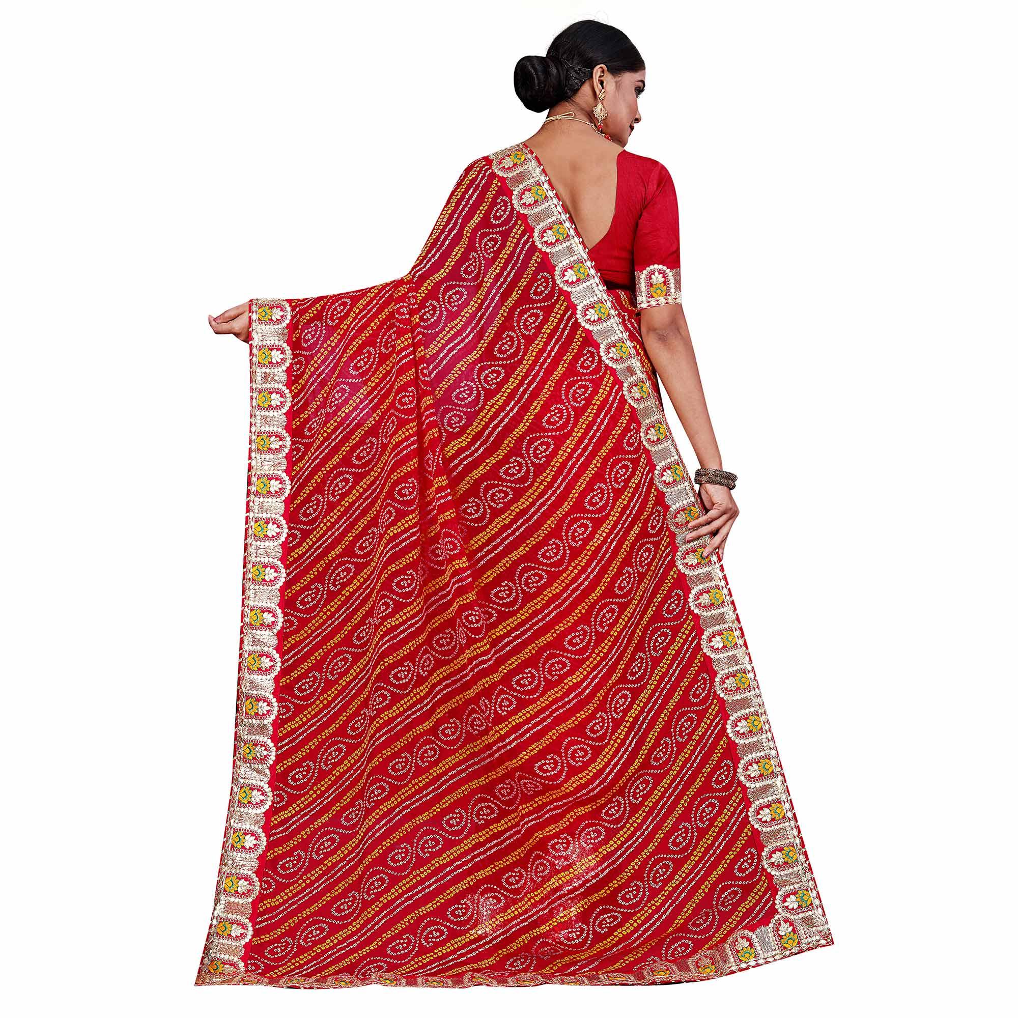 Red Festive Wear Bandhani Printed Georgette Saree With Gotta Patti Lace - Peachmode
