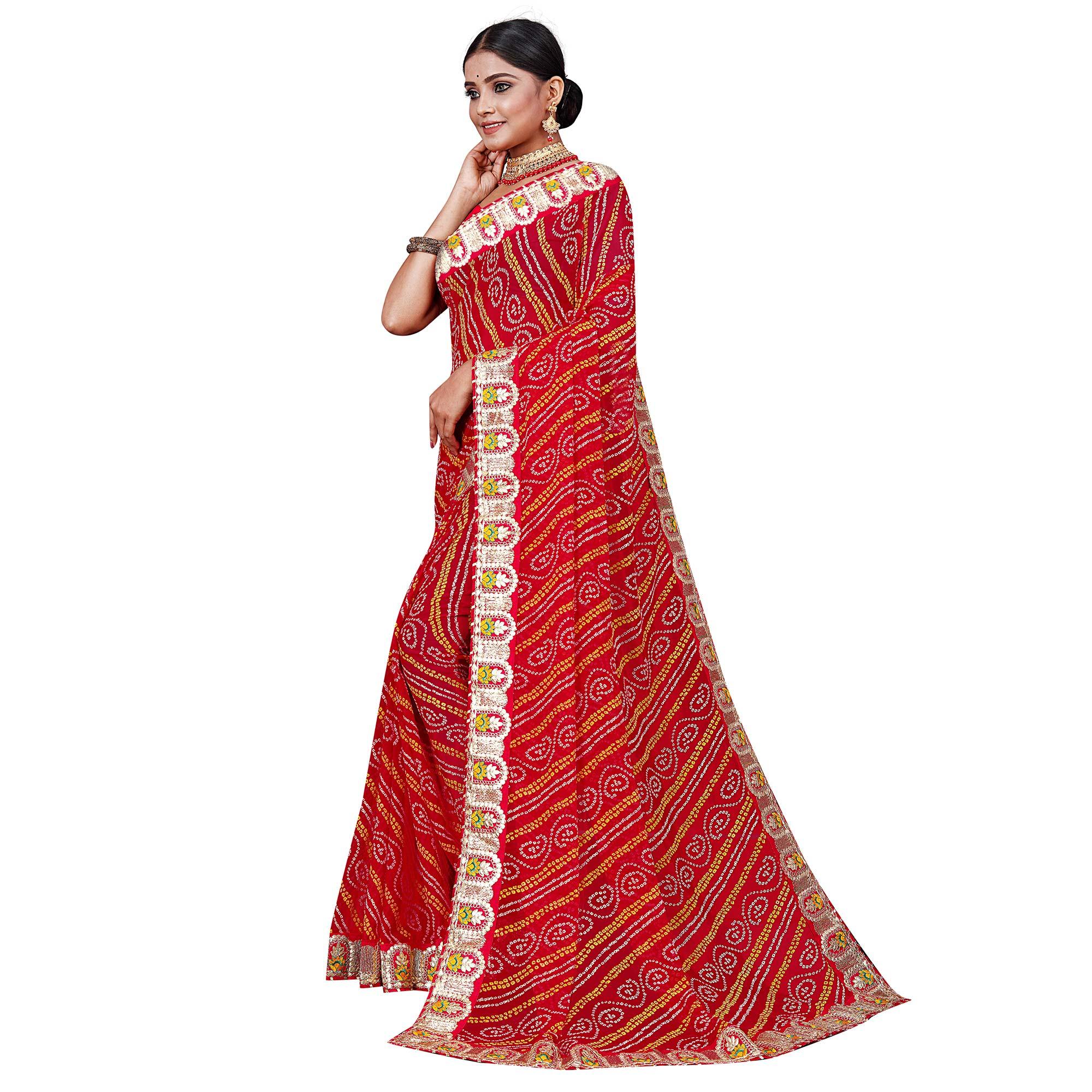 Red Festive Wear Bandhani Printed Georgette Saree With Gotta Patti Lace - Peachmode