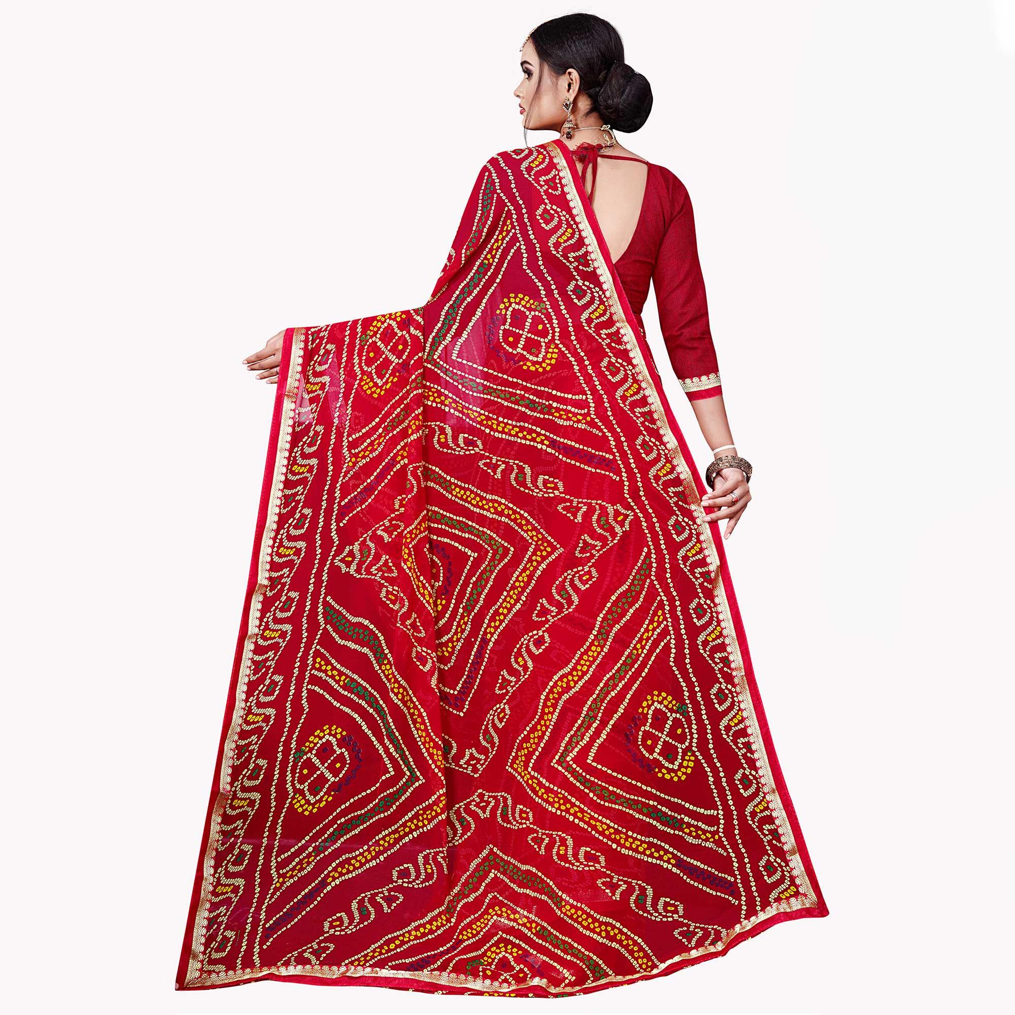 Red Festive Wear Bandhani Printed Georgette Saree With Lace Border - Peachmode