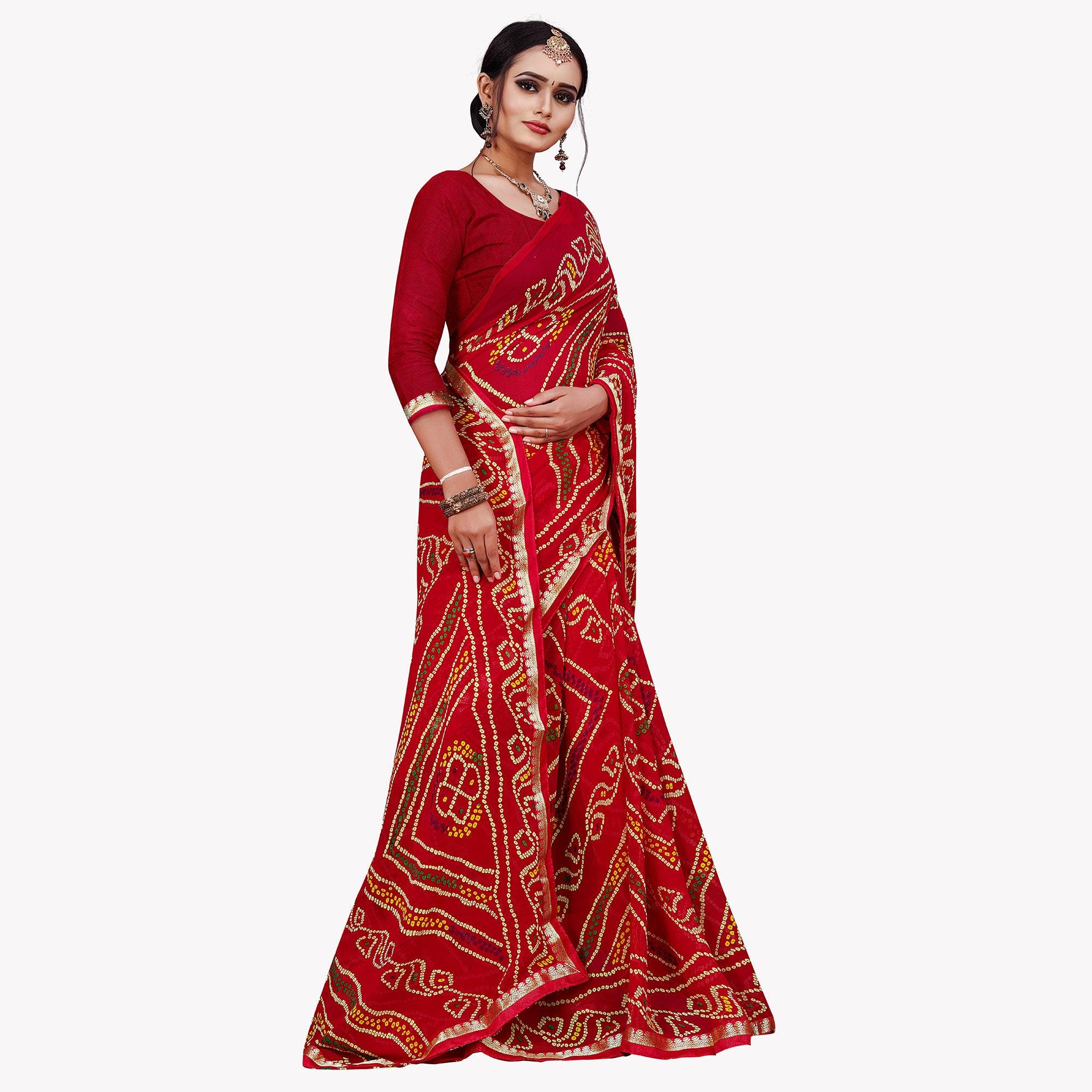 Red Festive Wear Bandhani Printed Georgette Saree With Lace Border - Peachmode