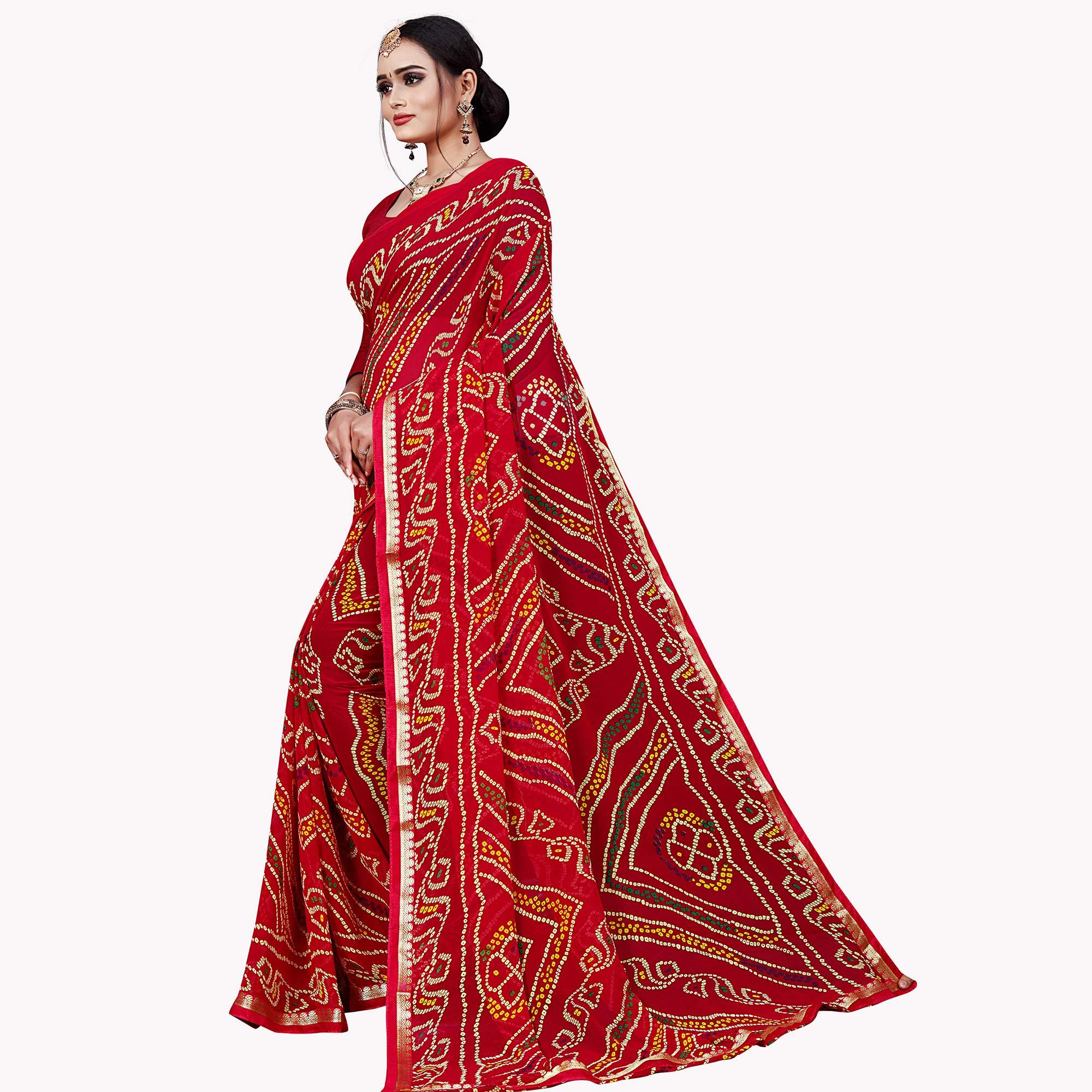 Red Festive Wear Bandhani Printed Georgette Saree With Lace Border - Peachmode