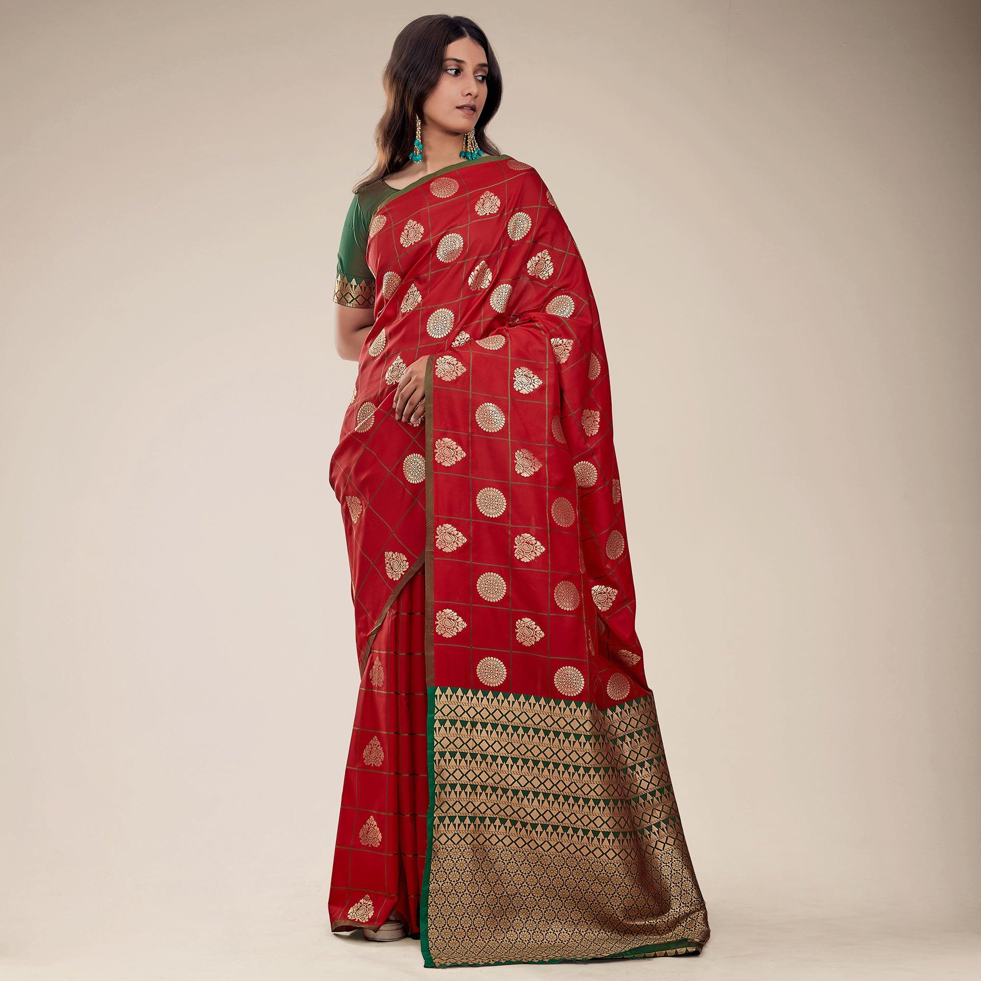 Red Festive Wear Checks Designer Weaving Butta Silk Saree With Heavy Pallu - Peachmode