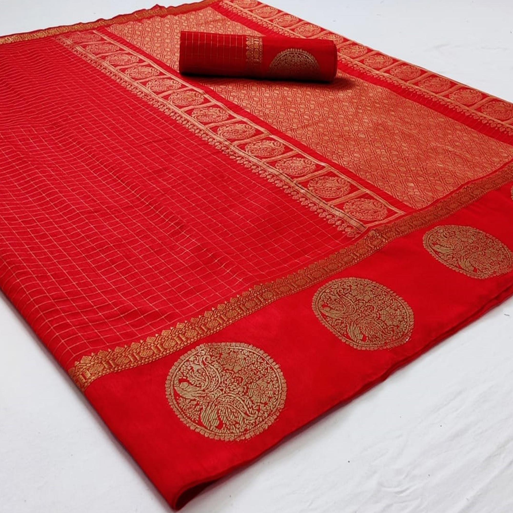 Red Festive Wear Checks Pattern Woven Silk Saree - Peachmode