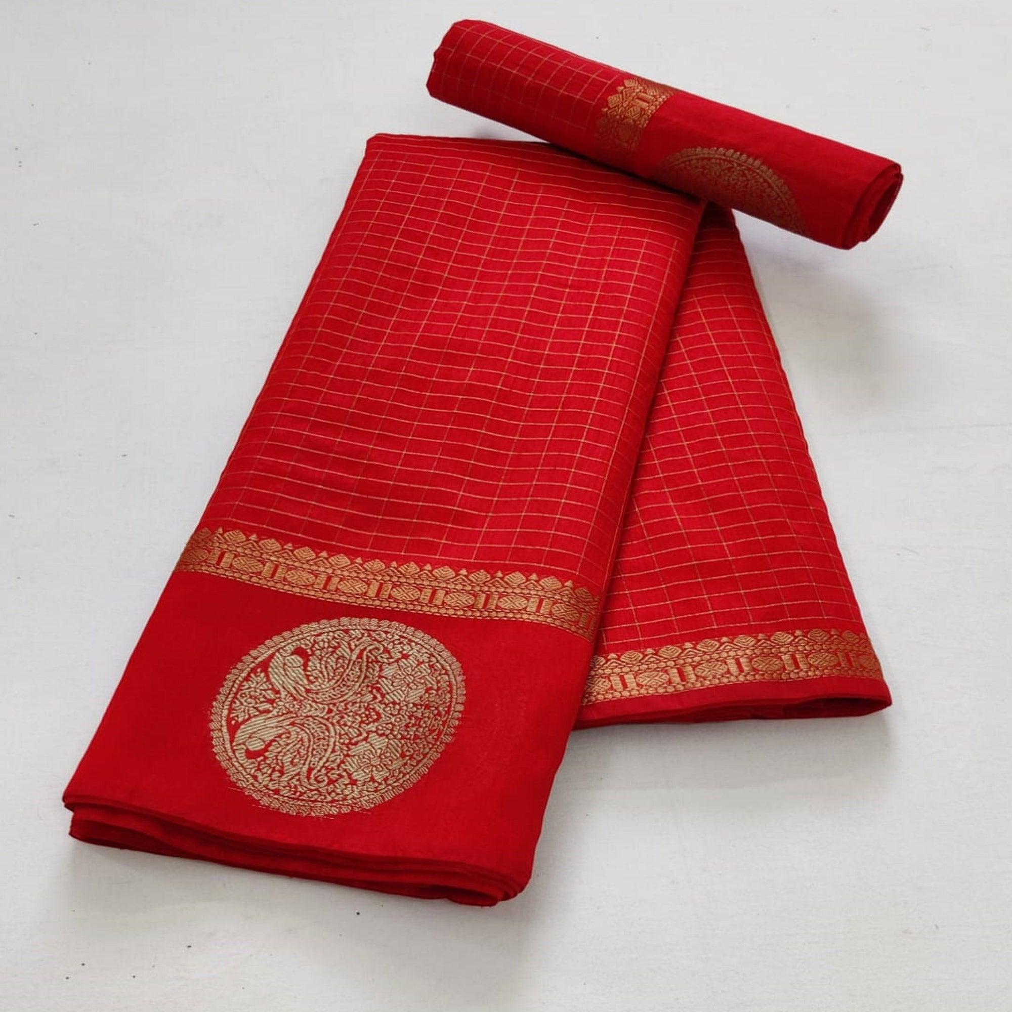 Red Festive Wear Checks Pattern Woven Silk Saree - Peachmode