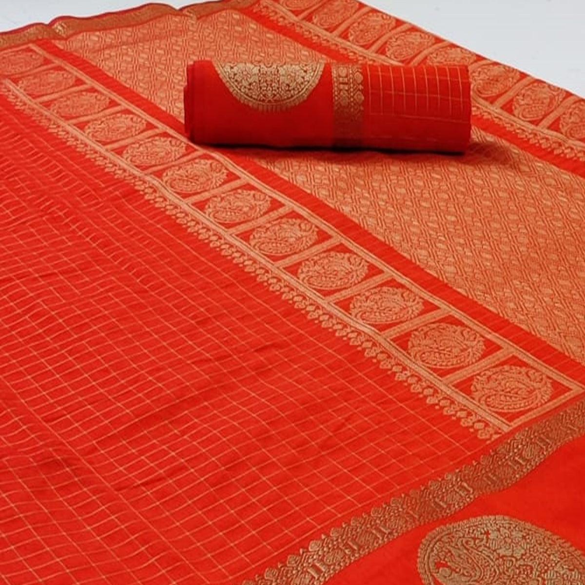 Red Festive Wear Checks Pattern Woven Silk Saree - Peachmode