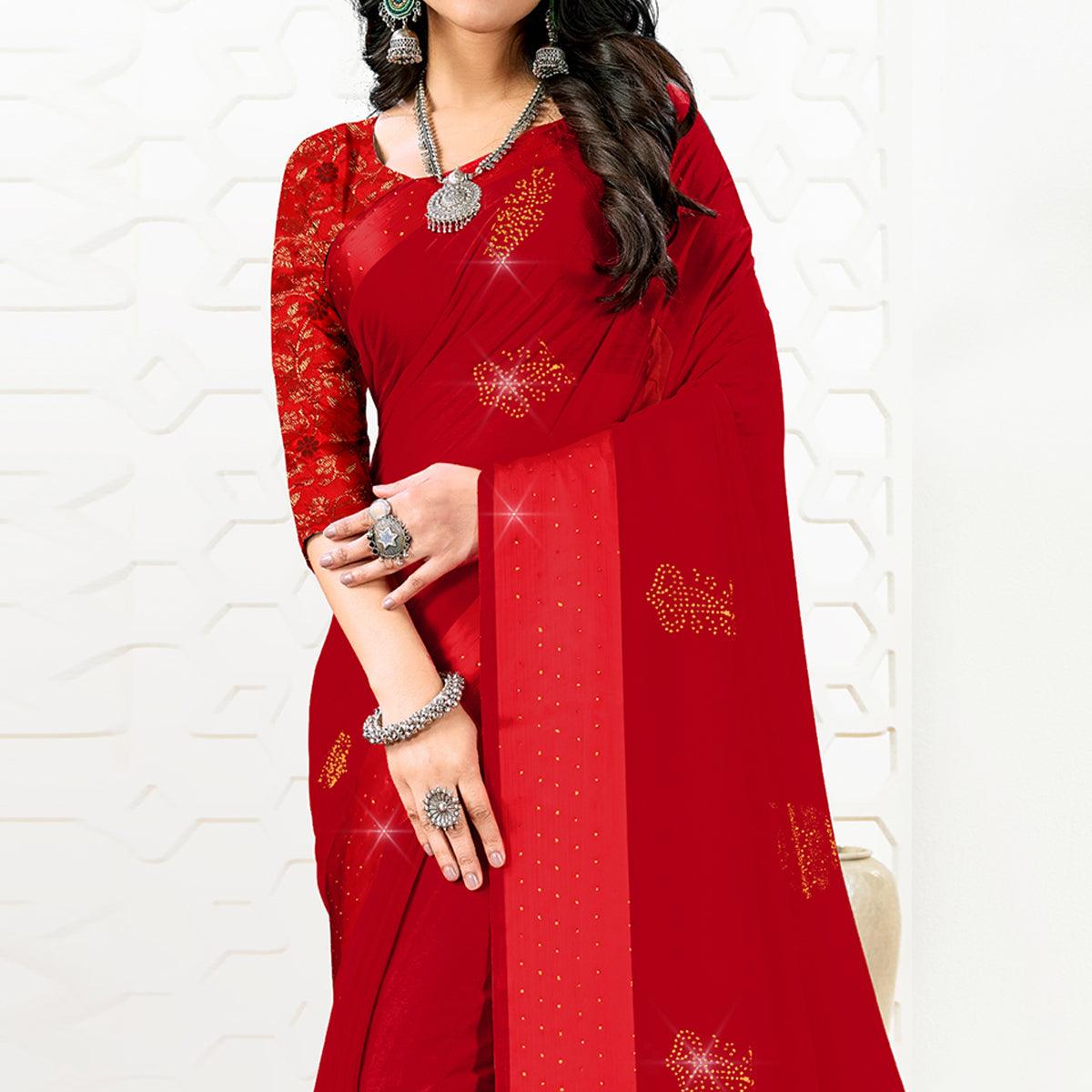 Red Festive Wear Diamond And Swarovski Soft Chiffon-Satin Saree - Peachmode