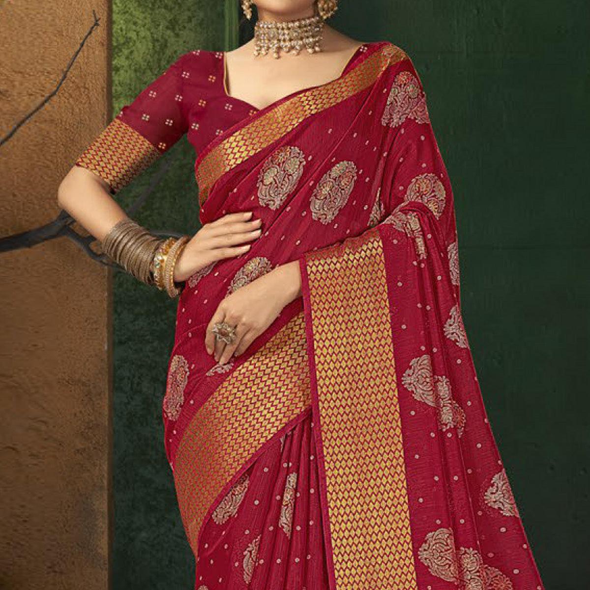 Red Festive Wear Digital Printed Cotton Saree - Peachmode